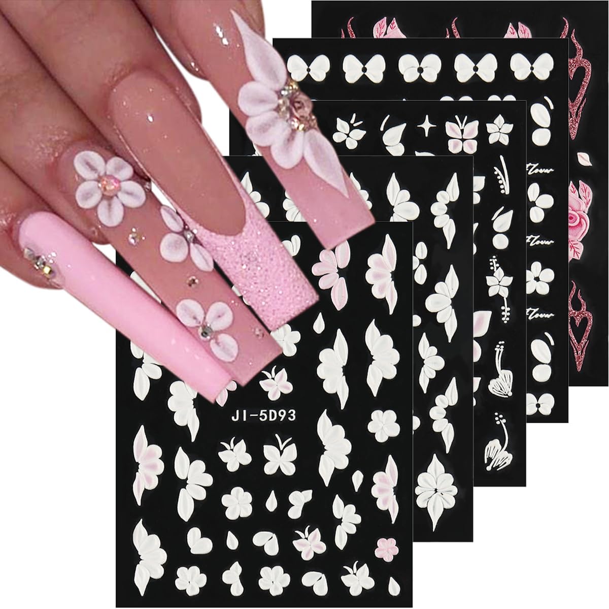 5D Embossed White Flowers Nail Stickers, 5 Sheets Self-Adhesive Floral Nail Decals, Spring Rose Butterfly Nail Art, 3D Acrylic Flowers for Manicure Decor