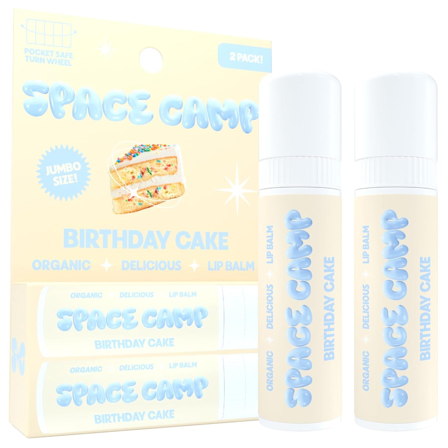 Space Camp Wellness Jumbo Lip Balm - Birthday Cake Organic Flavored Balm (2 Pack)