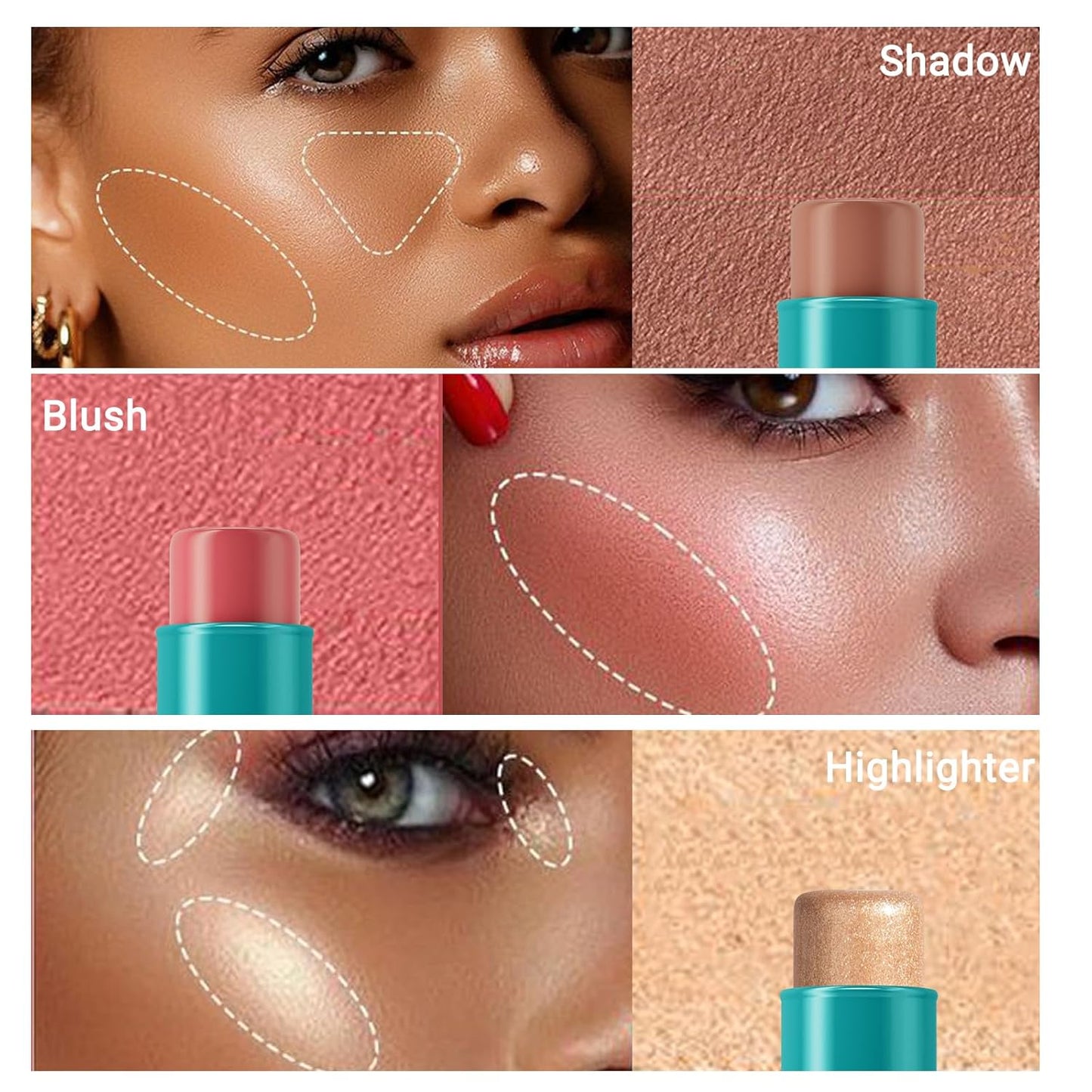 3Pcs Cream Contour Stick, with Highlighter Stick Milk Bronzer Stick Blush Stick, Face Contour Stick with Makeup Brush and Sponge, Easy to Sculpt the Face, Long Lasting, Waterproof