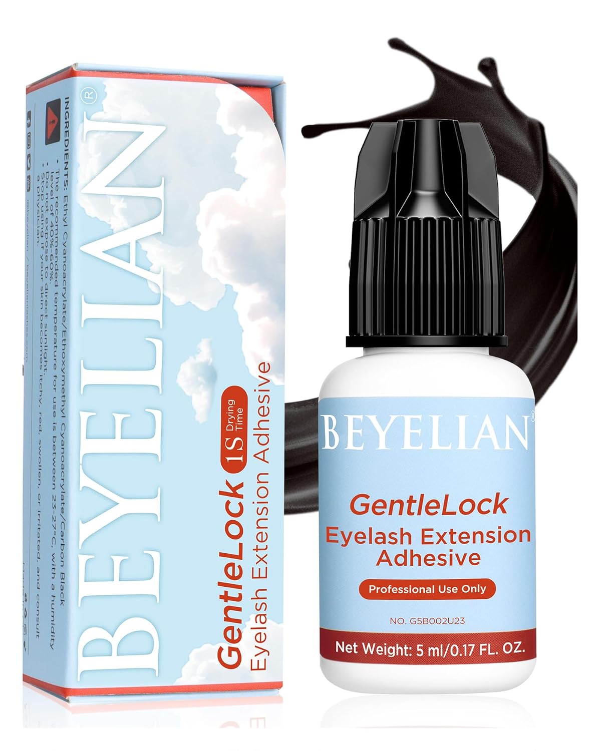 BEYELIAN Sensitive Eyelash Extension Glue, 1 Sec Dry Lash Extension Glue No Irritation Waterproof Long Lasting Strong Hold Adhesive Professional Use Only 0.17fl.oz/5ml (B02)