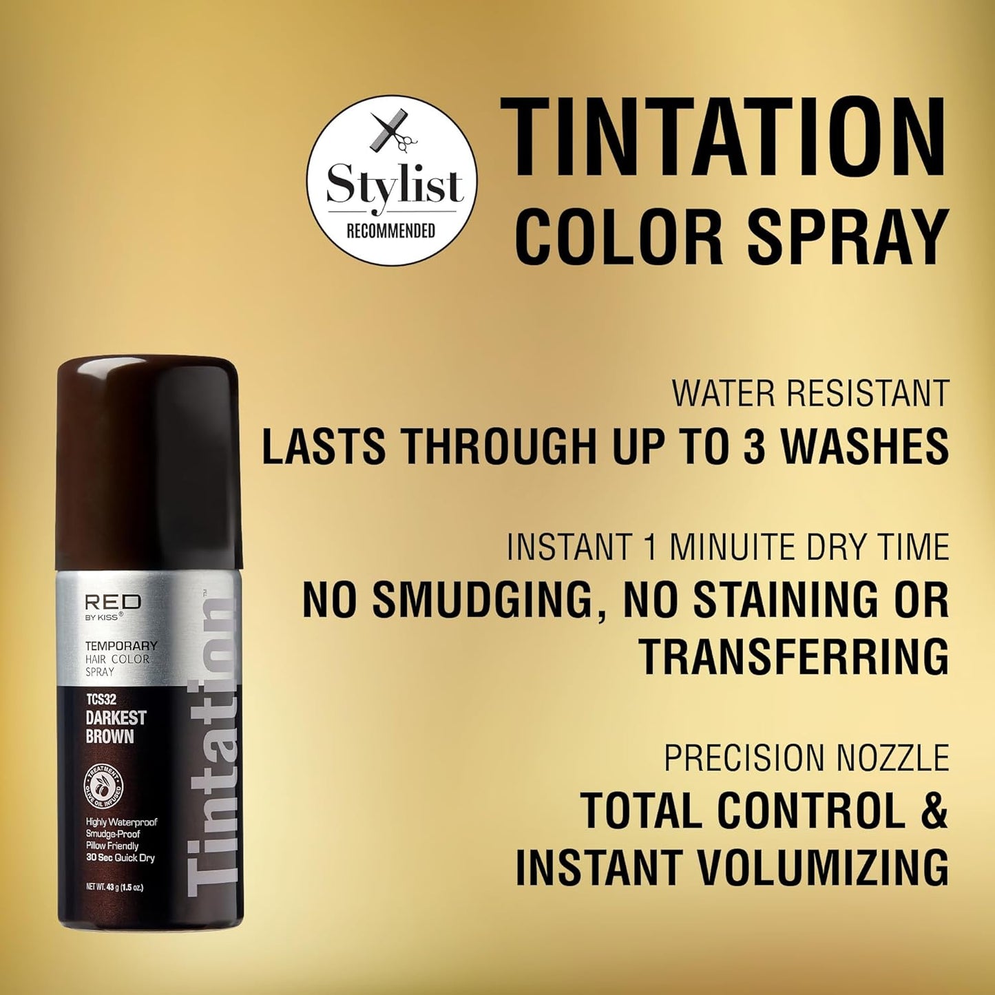 RED by Kiss 1.5OZ. Tintation Temporary Hair Color Spray, Instant Gray Root Cover Up, Water-Resistant, Smudge-Proof, Hairline & Barber Touch-Up, Quick Dry, Travel Size Spray (Darkest Brown)