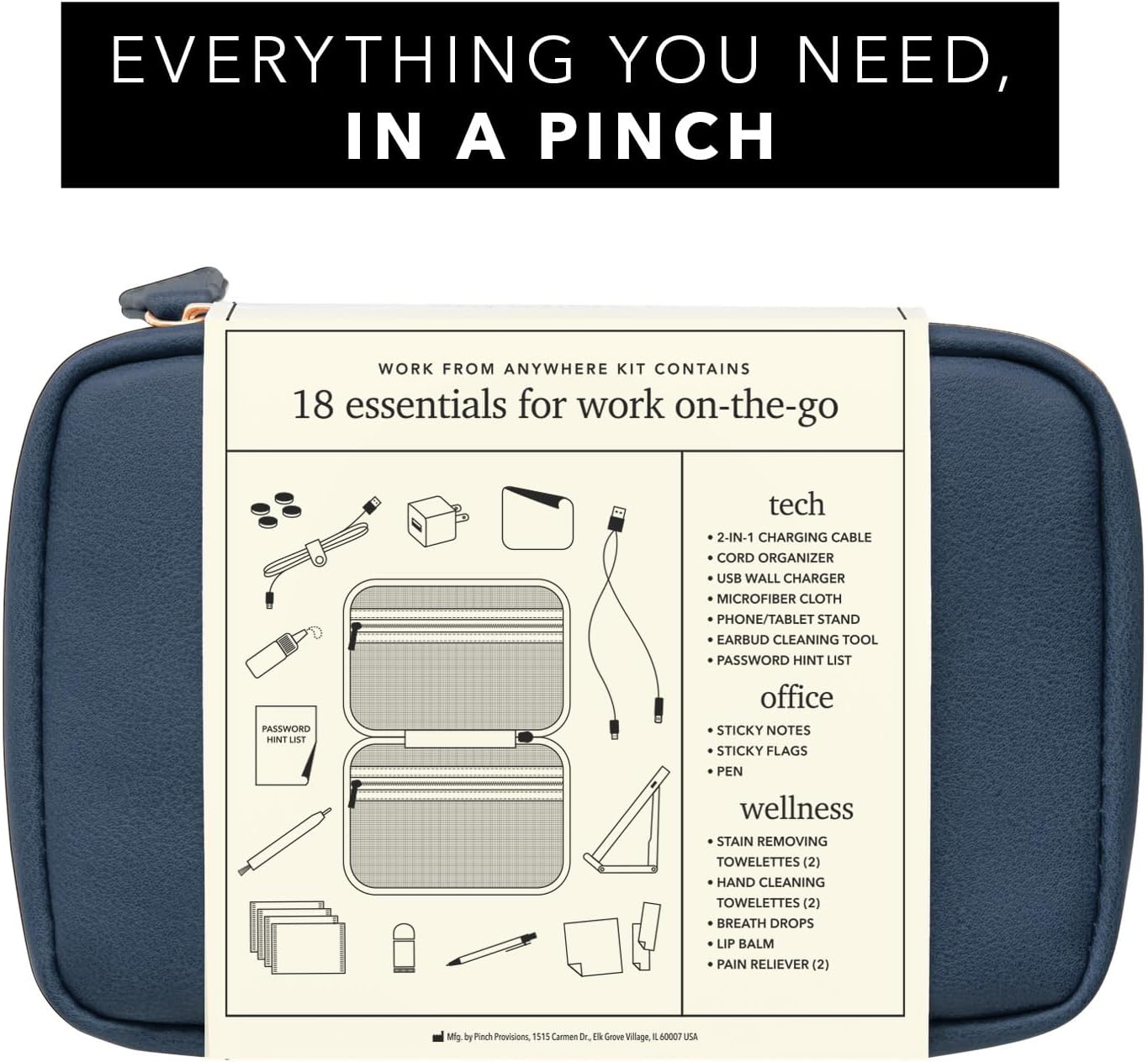 Pinch Provisions Work from Anywhere Kit, Includes 18 Essentials to Help You Stay on Task, Must-Have Essentials, Compact Multi-Functional Vegan Leather Pouch, Navy