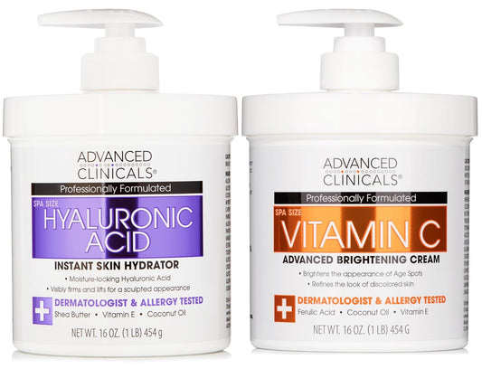 Advanced Clinicals Hyaluronic Acid Moisturzier + Brightening Vitamin C Cream 2pc Skincare Set For Women & Men | Face Moisturizer & Body Cream Helps Improve Look Of Crepey Skin & Uneven Skin Tone, 2pc