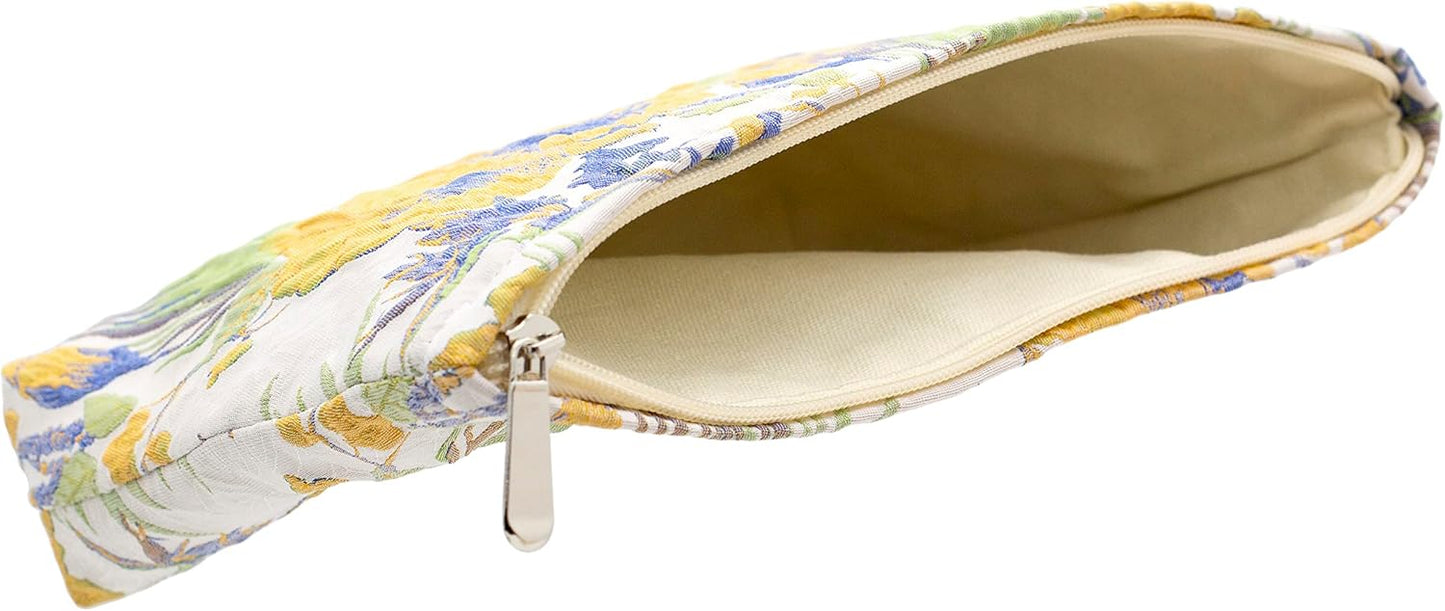 Makeup Bags for Purse Zipper Cosmetic Pouch Large Travel Canvas Make Up Organizer Tool Pouch for Women and Girls,Brocade Flower Yellow