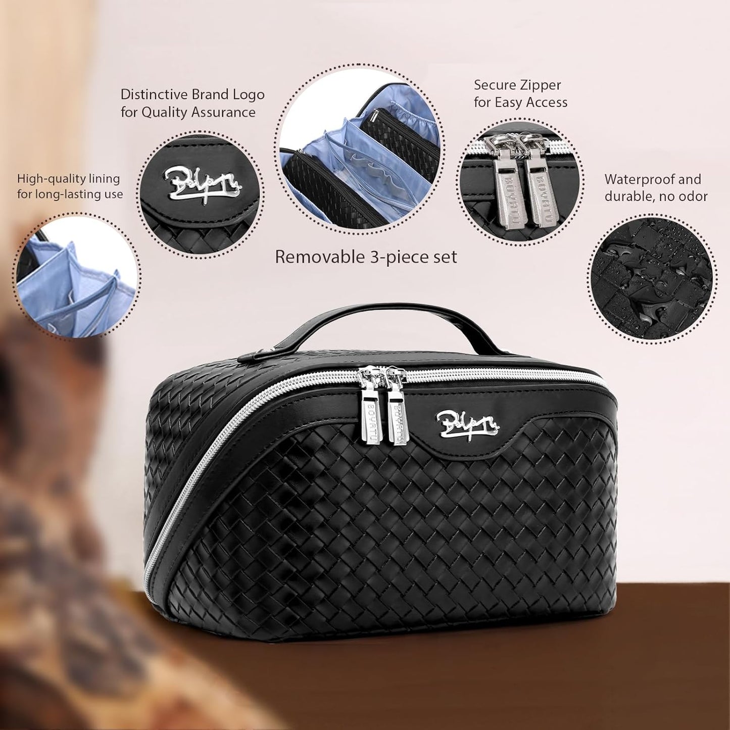 BOYATU Travel Makeup Bags for Women: 3 Pcs Large Make up Bags Set - Vegan Leather Cosmetic Bag for Traveling - Waterproof Toiletry Organizer (L03 Black)