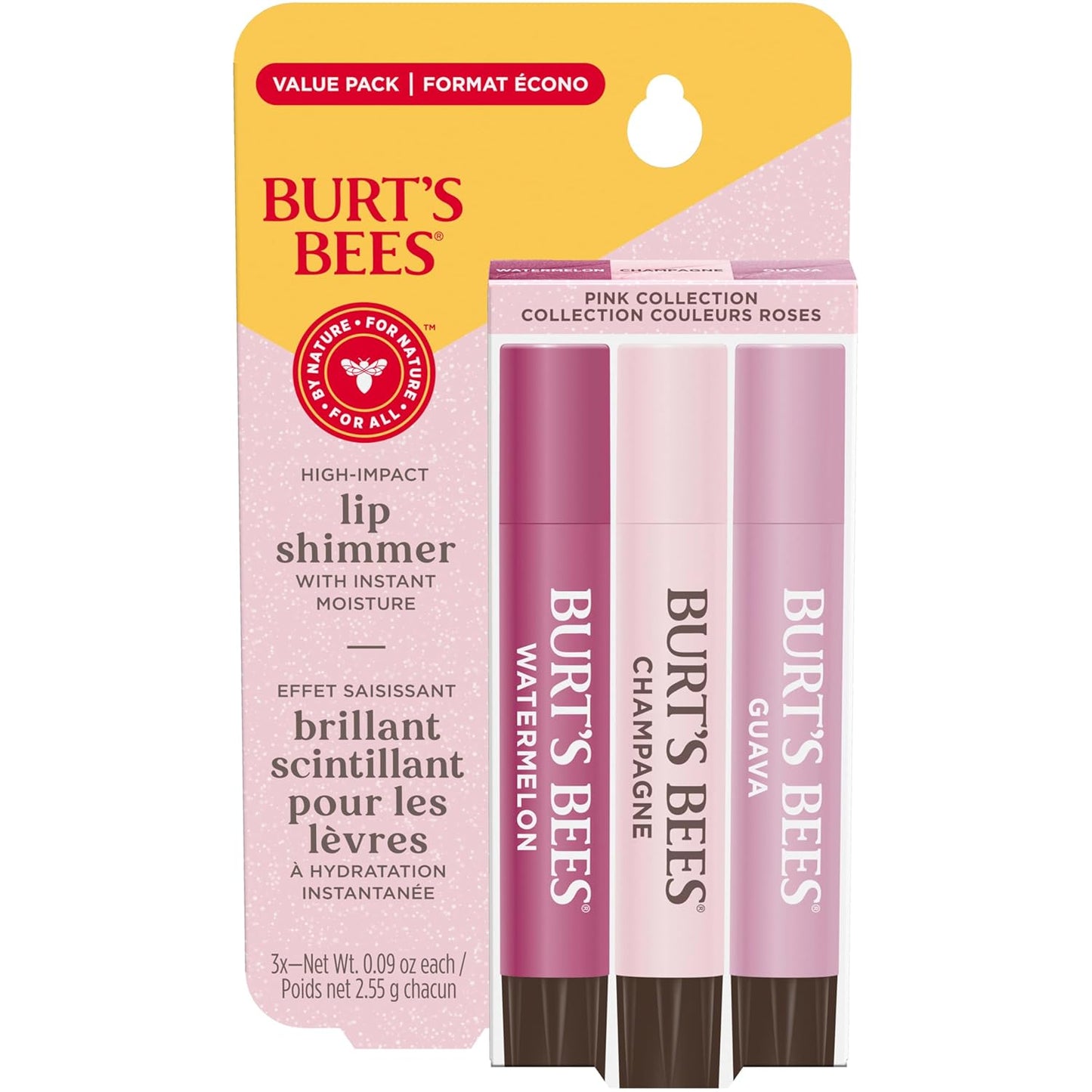 Burt's Bees Lip Shimmer Pink Collection, Tinted Lip Balm Stick, Moisturizing for All Day Hydration with Natural Glowy Pigmented Finish & Buildable Color, 3 Shades; Value Pack, 3 Tubes x 0.09 Oz