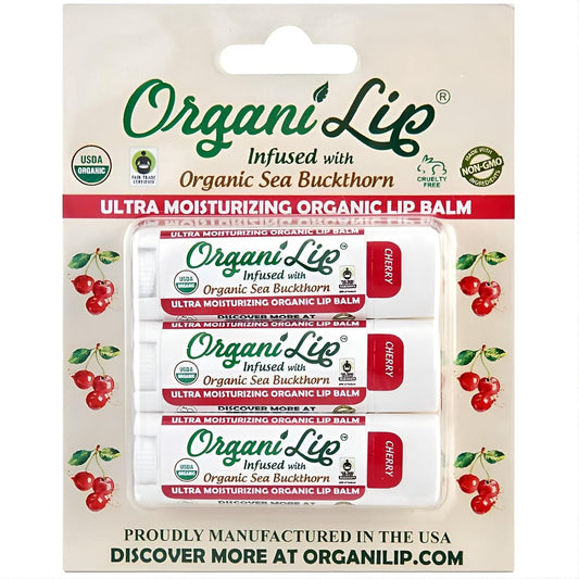 OrganiLip USDA Certified Organic Lip Balm for Nourishing Cracked or Dry Lips - All-Day Ultra Moisturizing Lip Care in Oval Shaped Tubes - 3-Pack (Cherry)