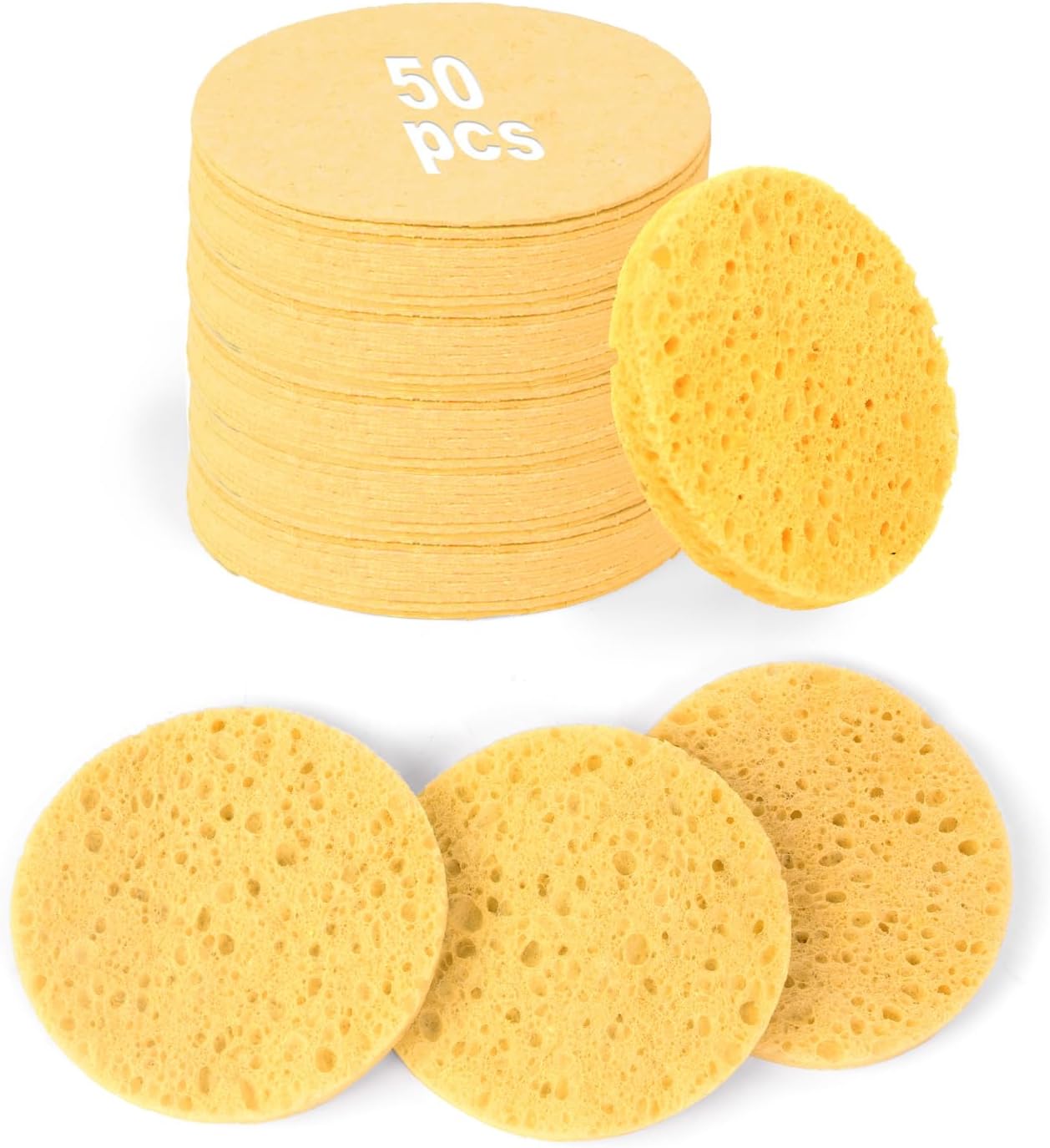 50-Count Compressed Facial Sponges,100% Natural Cellulose Cosmetic Make Up Sponges for Face Daily Facial Cleansing,Exfoliating,Makeup Removal(Yellow)