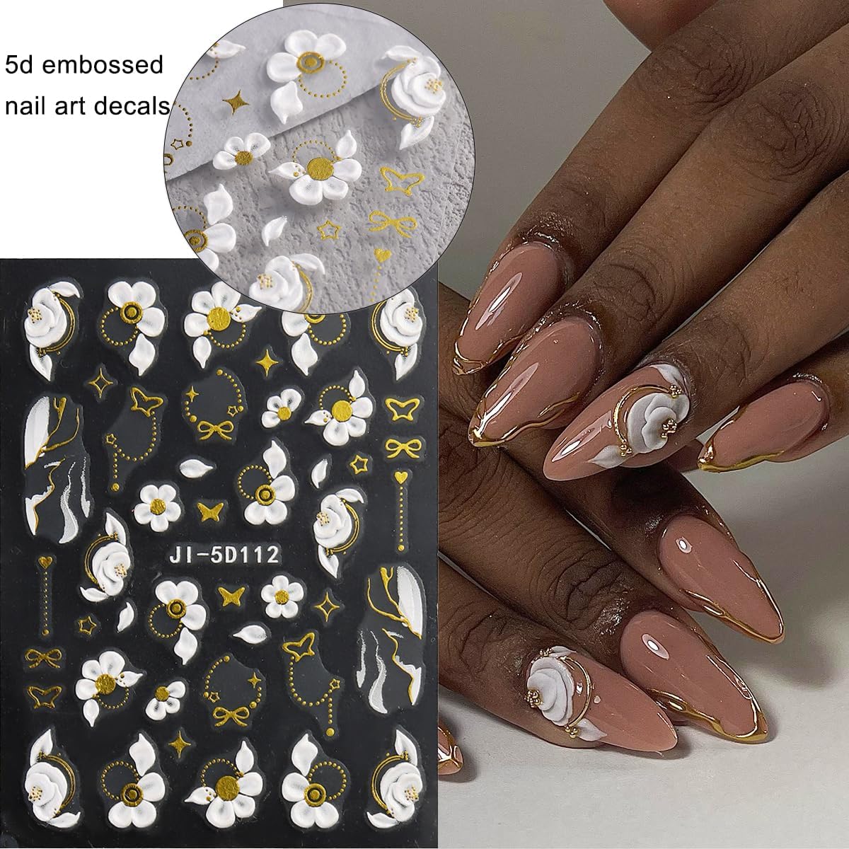 Acrylic Flowers for Nails 4 Sheets 5D Embossed Floral Nail Decals Colorful Flowers Nail Stickers, Gold Strip Lines Swirls French Tip Nail Stickers, Daisy Butterfly Stickers Pegatinas Uñas