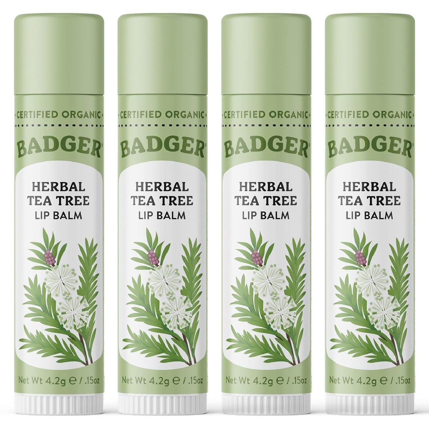 Badger Tea Tree Classic Lip Balm, 100% Organic Lip Balm, Moisturizing Herbal Lip Care w/Light Silky Texture, Soothing & Refreshing Lip Care for Irritated or Chapped Lips, 4 Pack