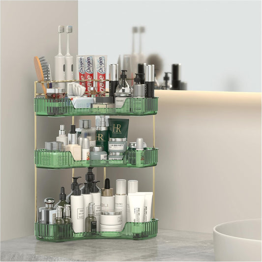 3 Tier Corner Bathroom Organizer Countertop, Vanity Makeup Organizer with Brush Holder, Space-Saving Skincare Storage Corner Shelf for Bathroom, Dressing Table, Kitchen