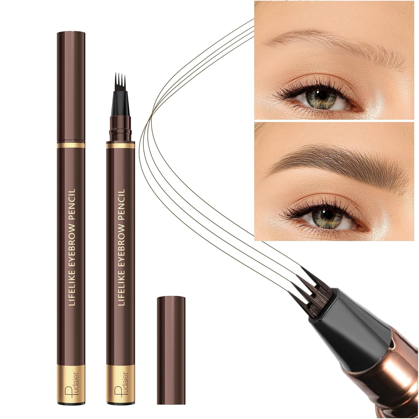 2 Pack Eyebrow Pen, Waterproof Microblading Eyebrow Pencil, 4 Tip Precise Eye Brow Makeup Pen for Women to Effortlessly Create Hair Like Natural Brows, Non Dry Out and Last All Day (Medium Brown)
