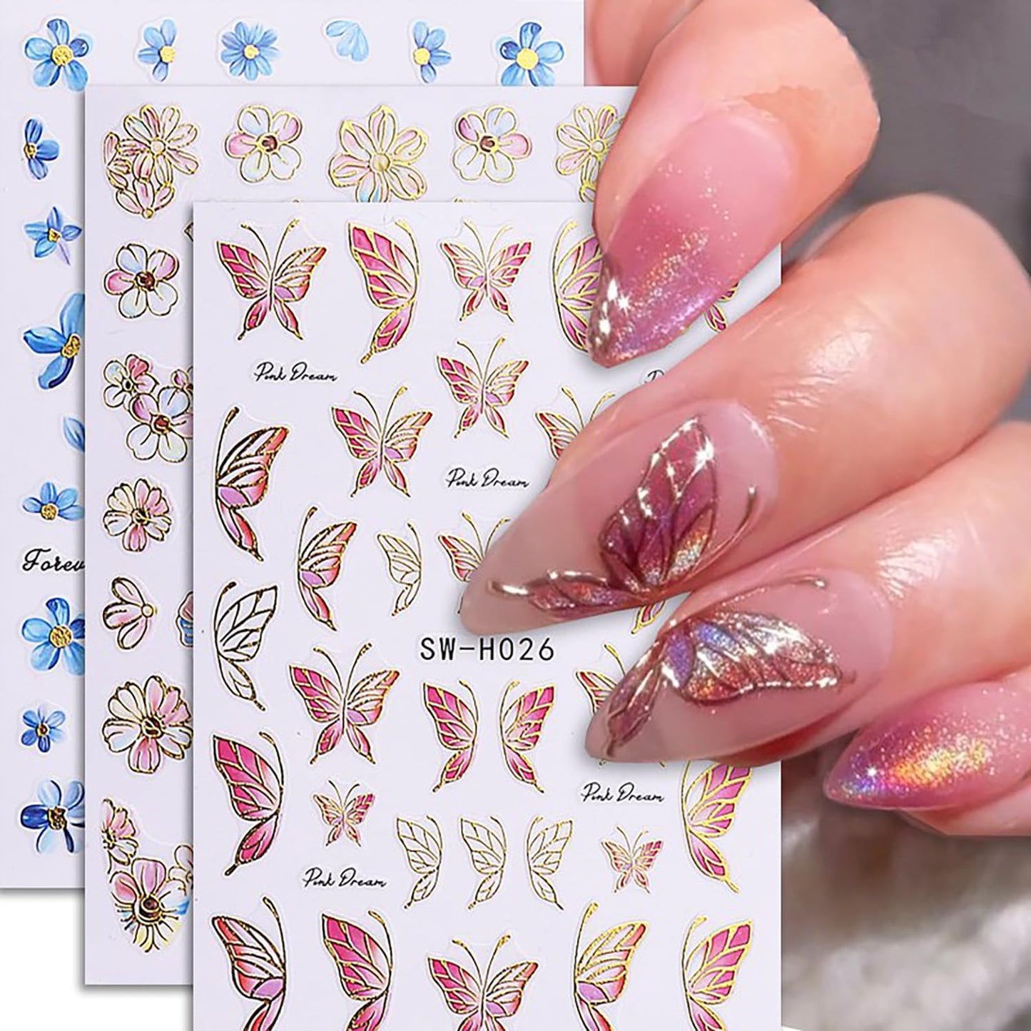 6Sheets Flower Nail Art Stickers 3D Self-Adhesive Nail Sticker Butterfly Nails Art Decals Holographic Floral Butterfly Nails Decal Decoration for Women Blue Blossom Manicure DIY Nail Supplies