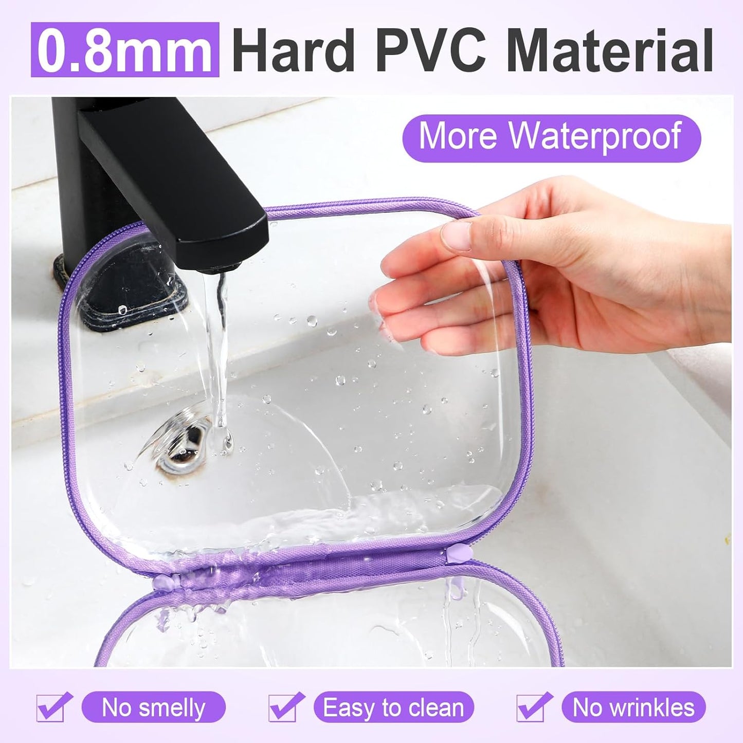 Sanwuta 6 Pcs Clear Hard Zipper Case Pencil Pouches Hard Plastic Zipper Pouches Makeup Bag Transparent Cases for Snacks Plastic Storage Organizer Box for Travel(Purple,7.87 x 5.9 x 2 Inch)