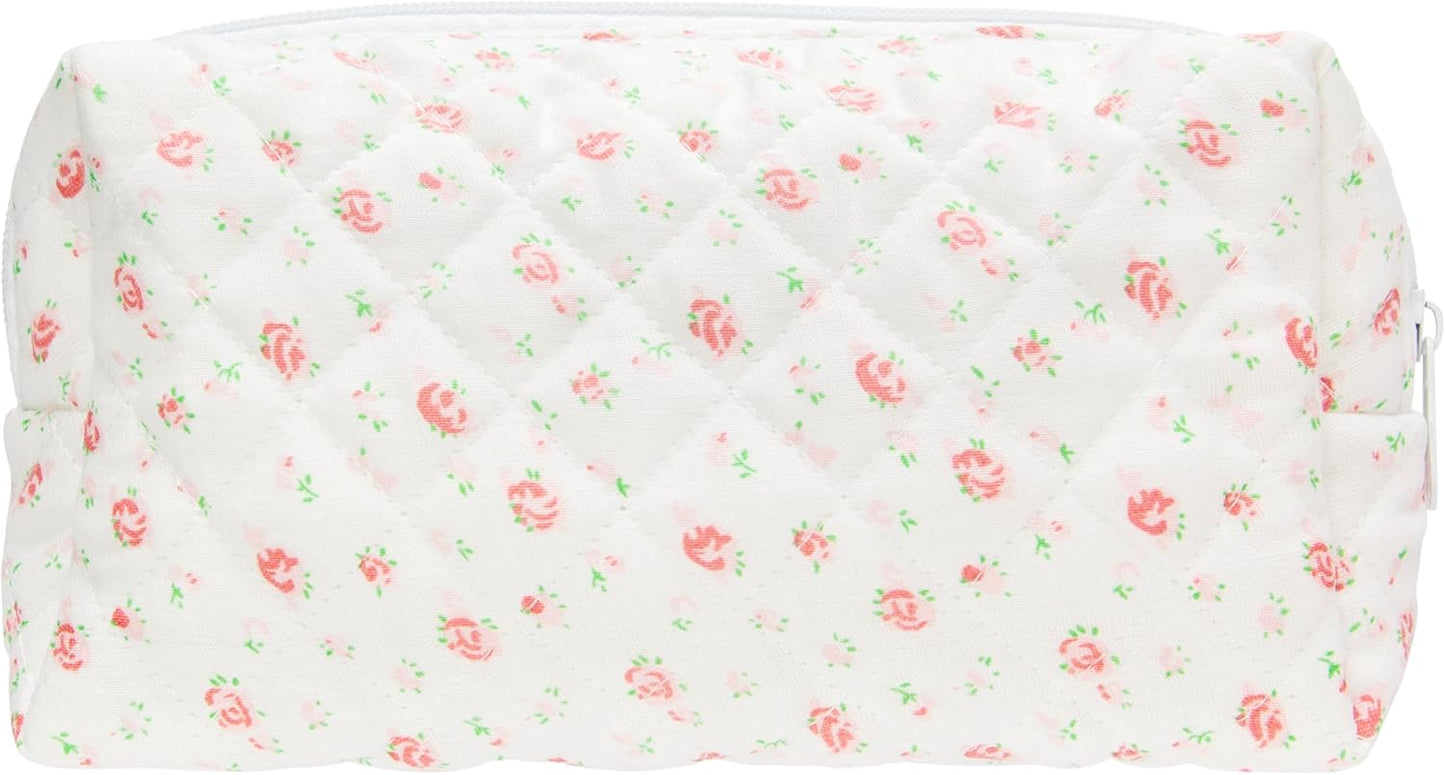 PAZIMIIK Vintage Quilted Makeup Bag Cosmetic Pouch for Brushes Pencils and Travel Make Up Accessories for Women and Girls Gauze Rose