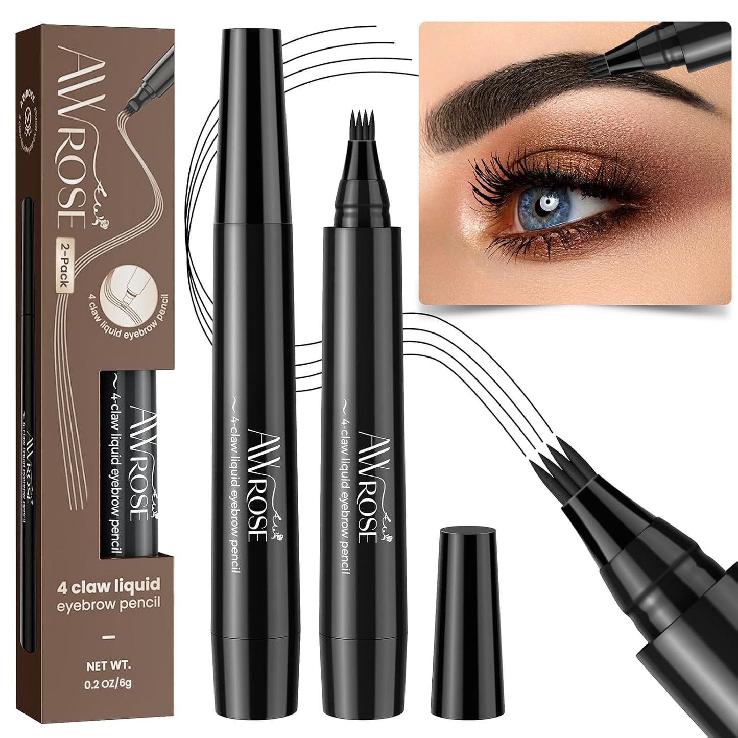 AWROSE Eyebrow Pencil, 3D Waterproof Microblading Eyebrow Pen 4 Fork Tip Tattoo Pencil, Precise Natural Brow Magic Eyebrow Pencil with Hair Like Strokes, 4 Points Multi-Used Eye Brow Pencils for Women