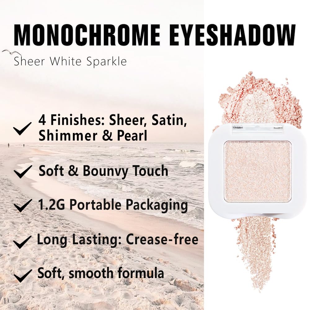Glittler Single Eye Shadow Palette Makeup, Sheer White Sparkle Shimmer Monochrome Eyeshadow For Old Women, Pigmented Waterproof Sombras Para Ojos, Vegan, Talc, Paraben & Cruelty Free, 02