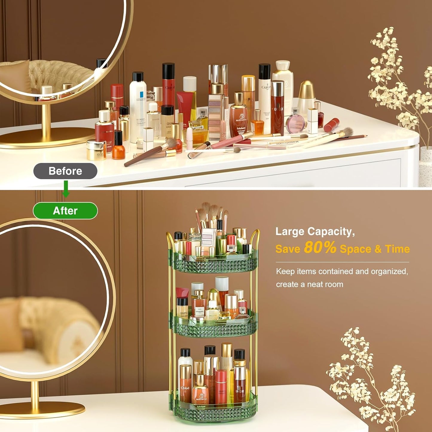 Awenia Rotating Makeup Organizer 360, Stackable Adjustable Large Capacity Cosmetic Storage Unit,Dresser Bathroom Kitchen Countertop Organizer with Metal Handle, Plus Size (Gem Green, 3 Tier)