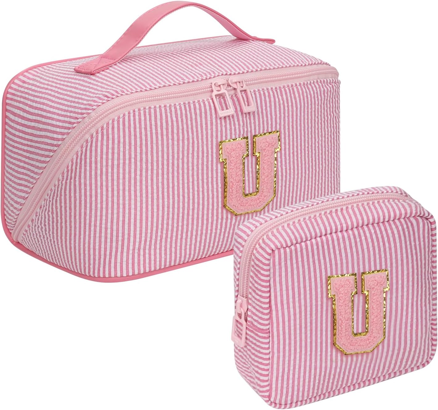 Travel Makeup Bag for Women, 2Pcs Portable Personalized Initial Makeup Organizer Bag, Open Flat Large Cosmetic Bag With Travel Essential Pouch (Pink Letter U)