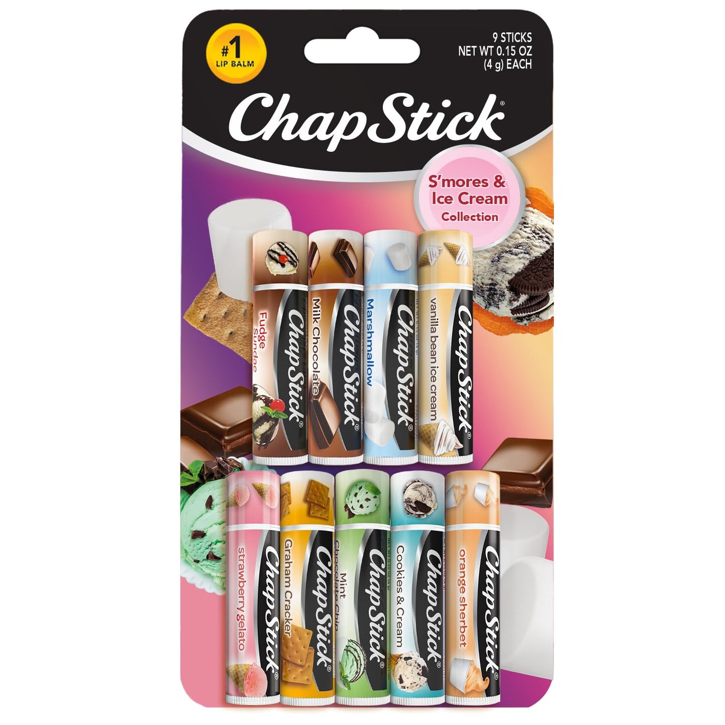 ChapStick Lip Balm, Ice Cream Collection 3-Pack, Ice Cream Classics 3-Pack + S’mores Collection – Fun & Flavorful Lip Care, Birthday Gift, Party Favors, Stocking Stuffers, 0.15 Oz Ea