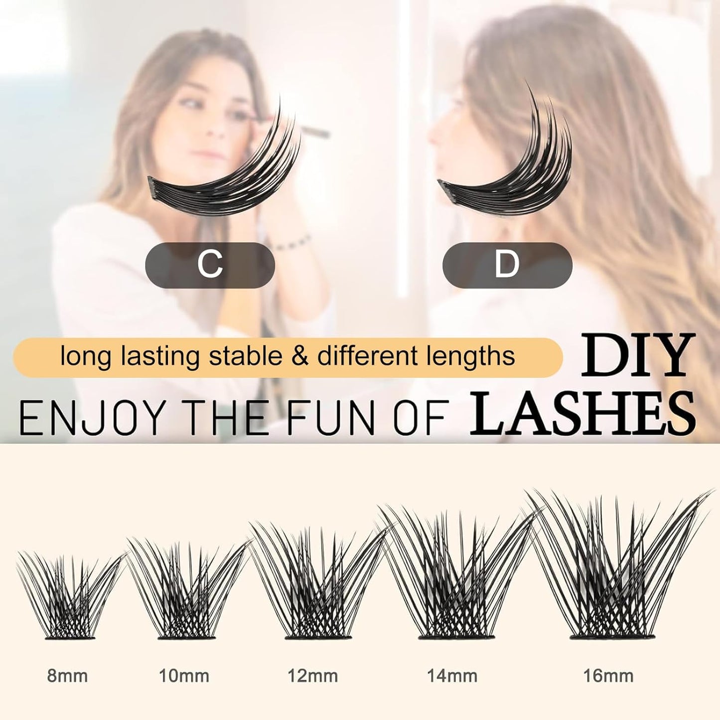 QUEWEL Cluster Lashes 72 Pcs Wide Stem Individual Lashes C/D Curl 8-16mm Length DIY Eyelash Extension False Eyelashes Soft for Personal Makeup Use at Home (H03-C-10)