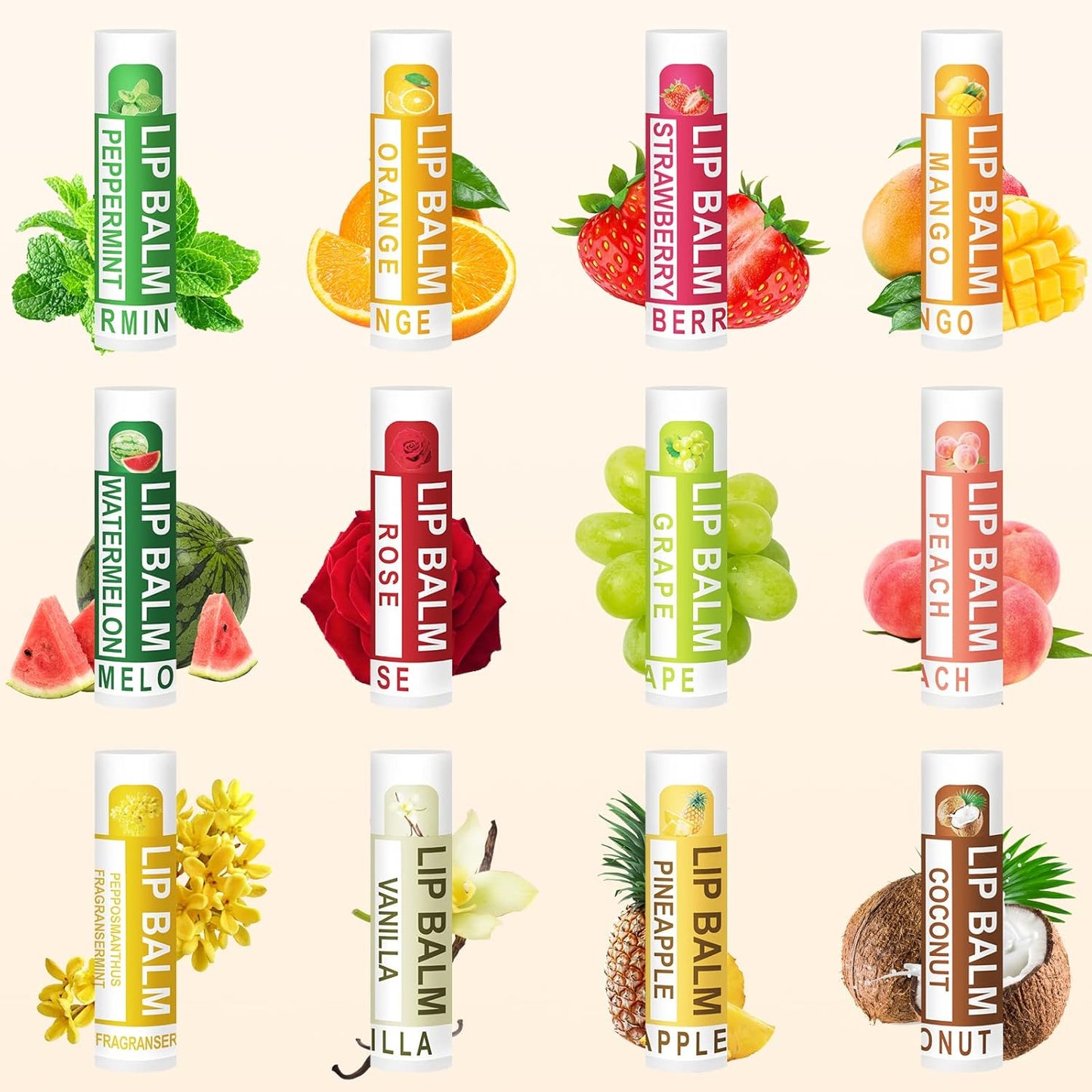 DMSKY 12 Pack Lip Balm, Natural Lip Balm Bulk with Vitamin E and Coconut Oil, Moisturizing Lip Balm for Dry Cracked Lips, Lip Balm for Stocking Stuffers - 12 Flavors