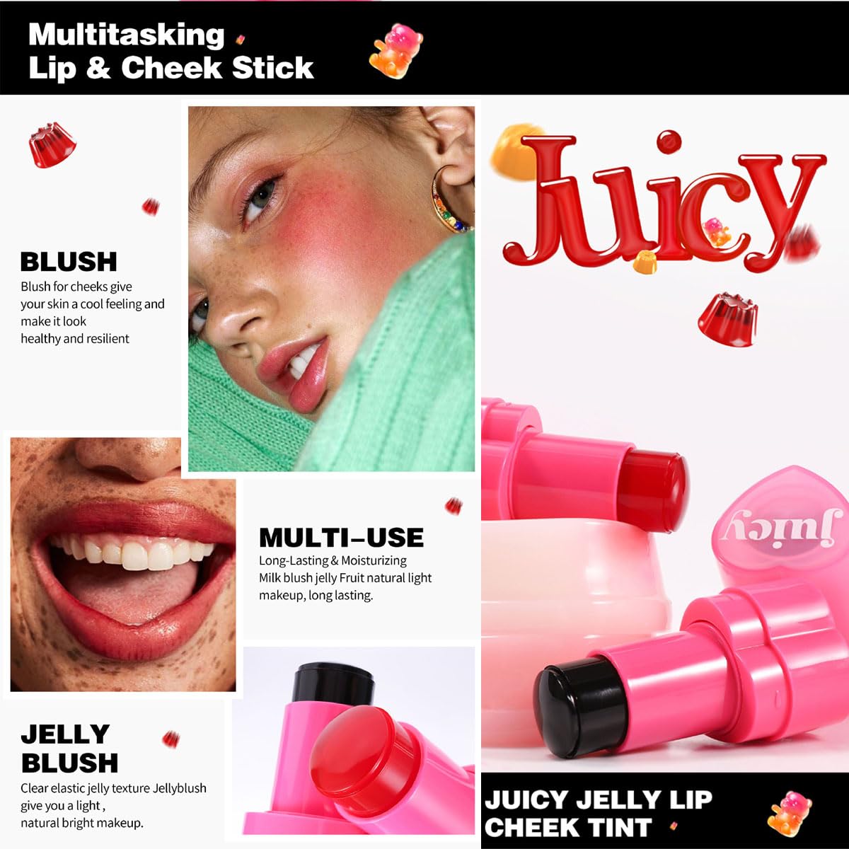 Cooling Water Jelly Tint Stick，Multi-Use Juicy Love Blush, 3-In-1cheek Blush & Eyeshadow & Lip Tinted Long-Lasting Moisture Stick，Bouncy Jelly Texture，Creates A Moist Watercolor Effect (#08, 0.32oz)