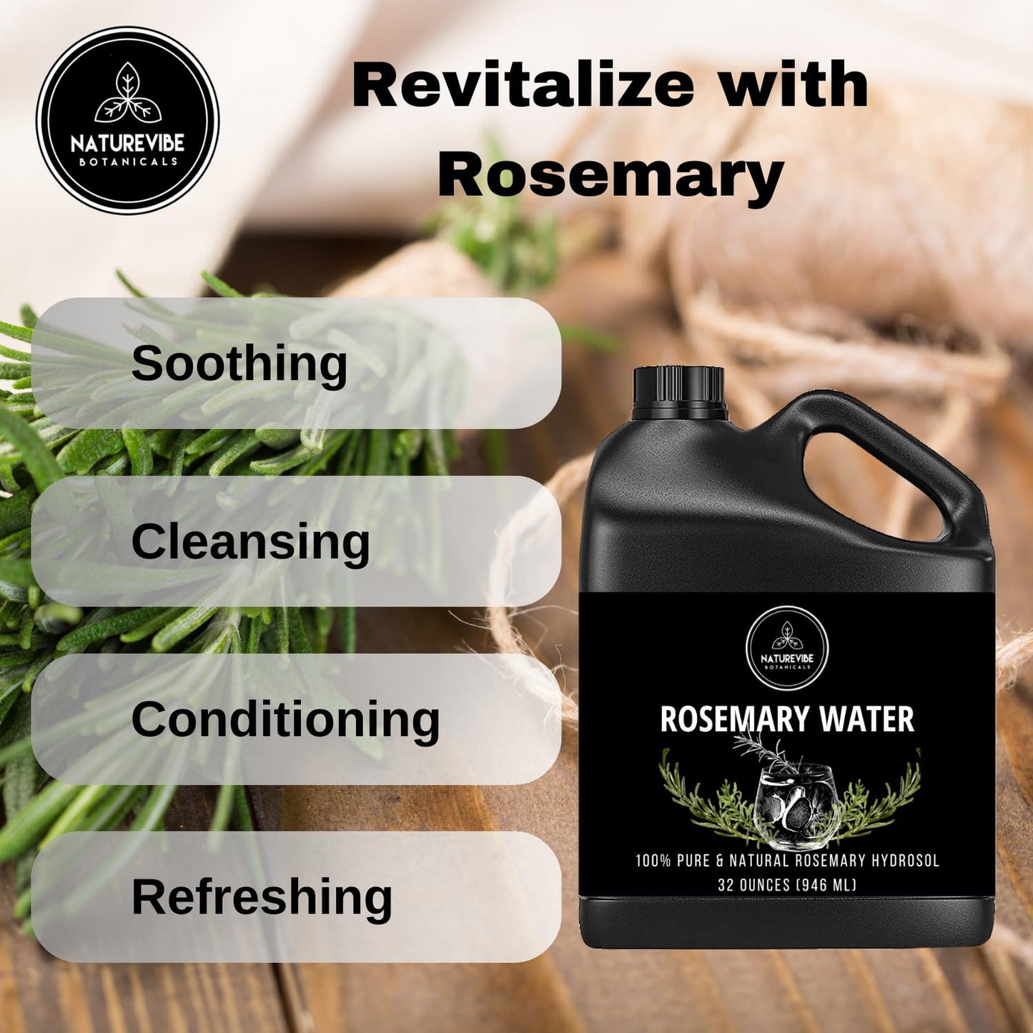 Naturevibe Botanicals Rosemary Water 32 Ounces | 100% Pure and Natural | Great for Skin Care and Hair Care