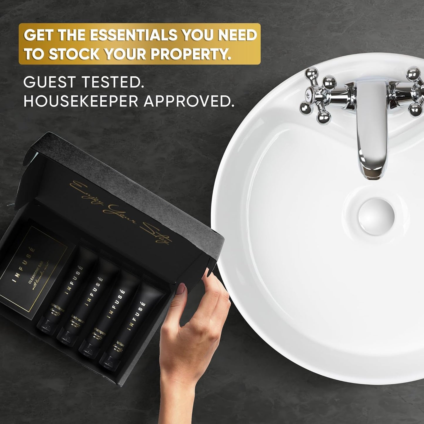 Infuse Black Amenity Kit | Boxed Hotel Toiletries | Bulk Set 1 oz Travel Size Shampoo, Conditioner, Lotion, Body Wash & Cleansing Bar for Guest Hospitality AirBnB/Vacation Rentals | 300 Pieces