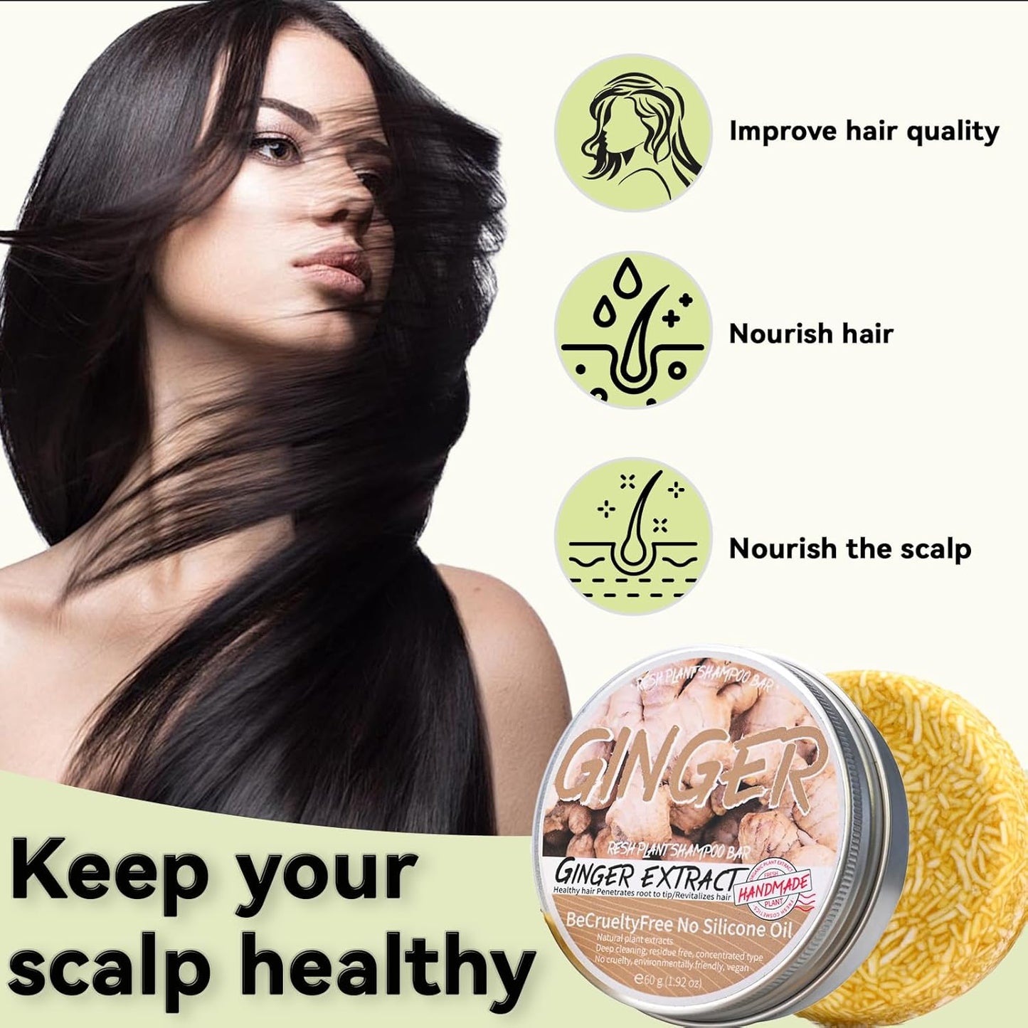 2PCS Ginger Shampoo Bar for Gray Hair, Natural Organics Shampoo and Conditioner Bar for Thinning Hair for Men & Women (Ginger)