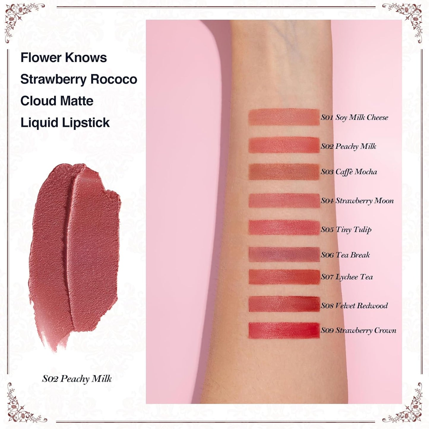 Flower Knows Strawberry Rococo Cloud Lip Cream,Velvety Matte Liquid Lipstick,Nude Lipstick,Long Lasting Lip Stain,Kiss-proof Blurred Lipstick for Girls&Women,0.12 Fl Oz(S02 Peachy Milk)