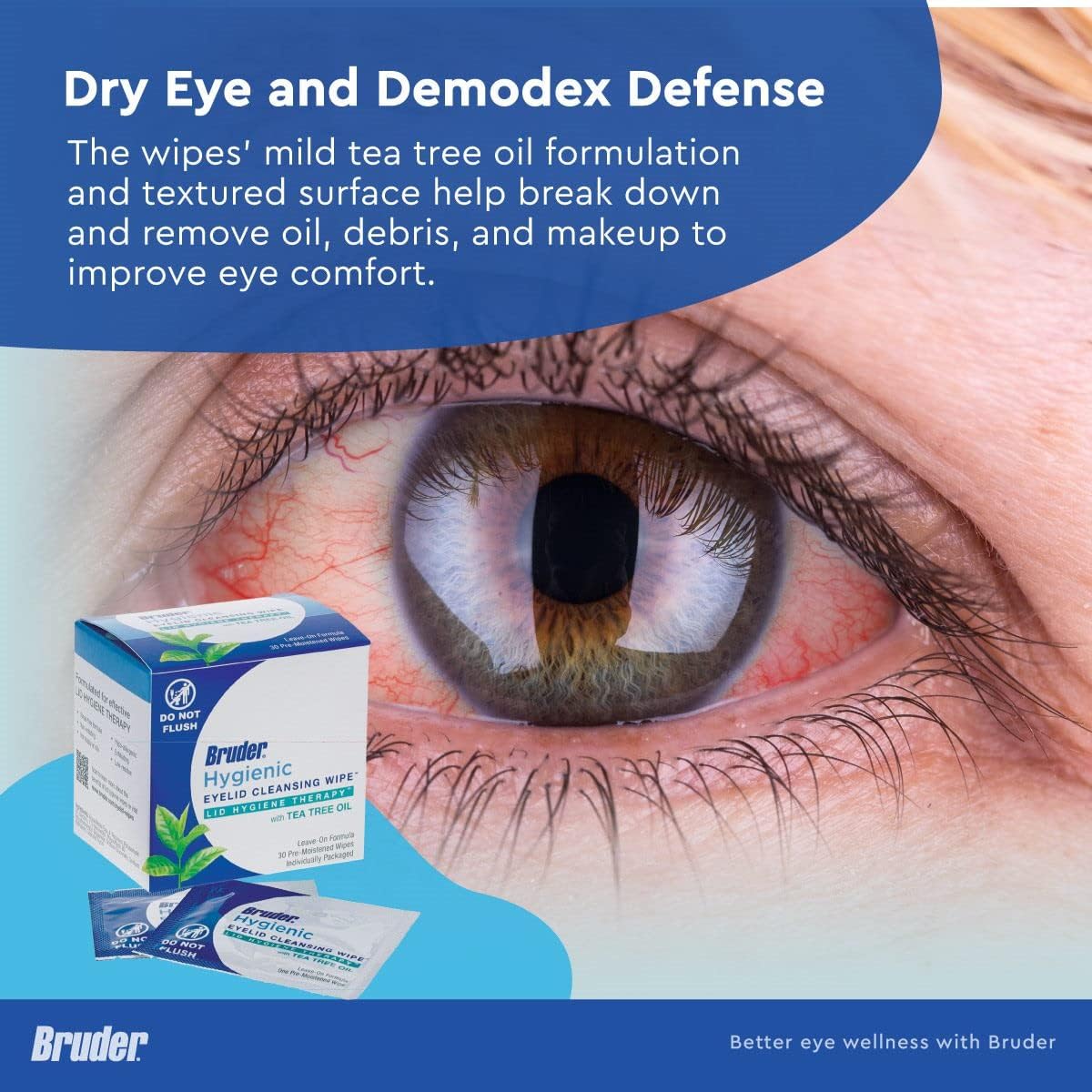 Hygienic Eyelid Cleansing Wipes with Tea Tree Oil l Relief from Demodex l Pre-Moistened, Rinse-Free Exfoliating Wipes Remove Excess Oil and Debris from Eyelids & Lashes l 30 Count Box (2 Pack)