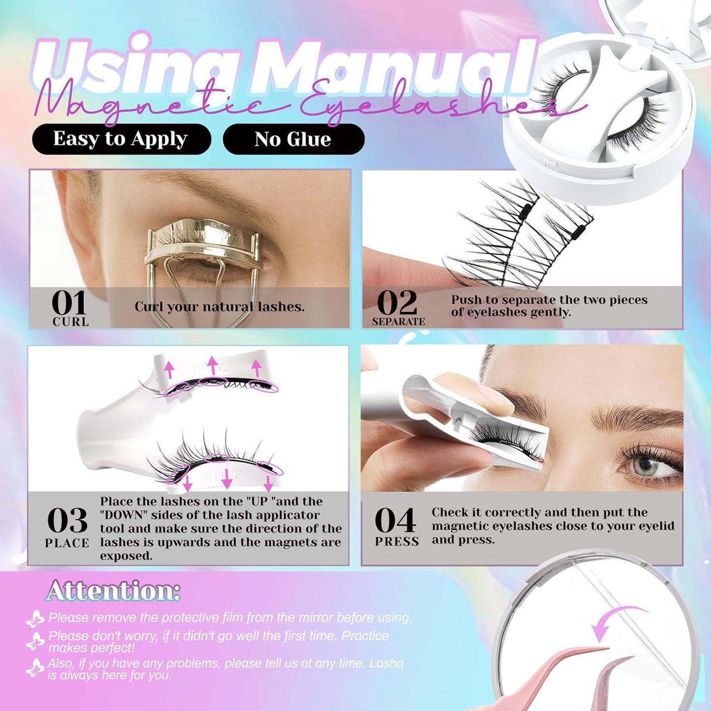 Losha Magnetic Eyelashes with Applicator Reusable No Glue Needed Magnetic Lashes Natural Look 1 Pair Wispy False Eyelashes without Eyeliner (Magical)