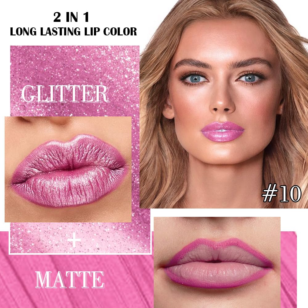 evpct Light Rose Pink Metallic Glitter Lip Liner and Lipstick Combo Lip Gloss Stain Set Makeup for Women Long Lasting Waterproof 24, Pink Metallic Shimmer Frosted Iridescent Shiny Liquid Lipstick 10