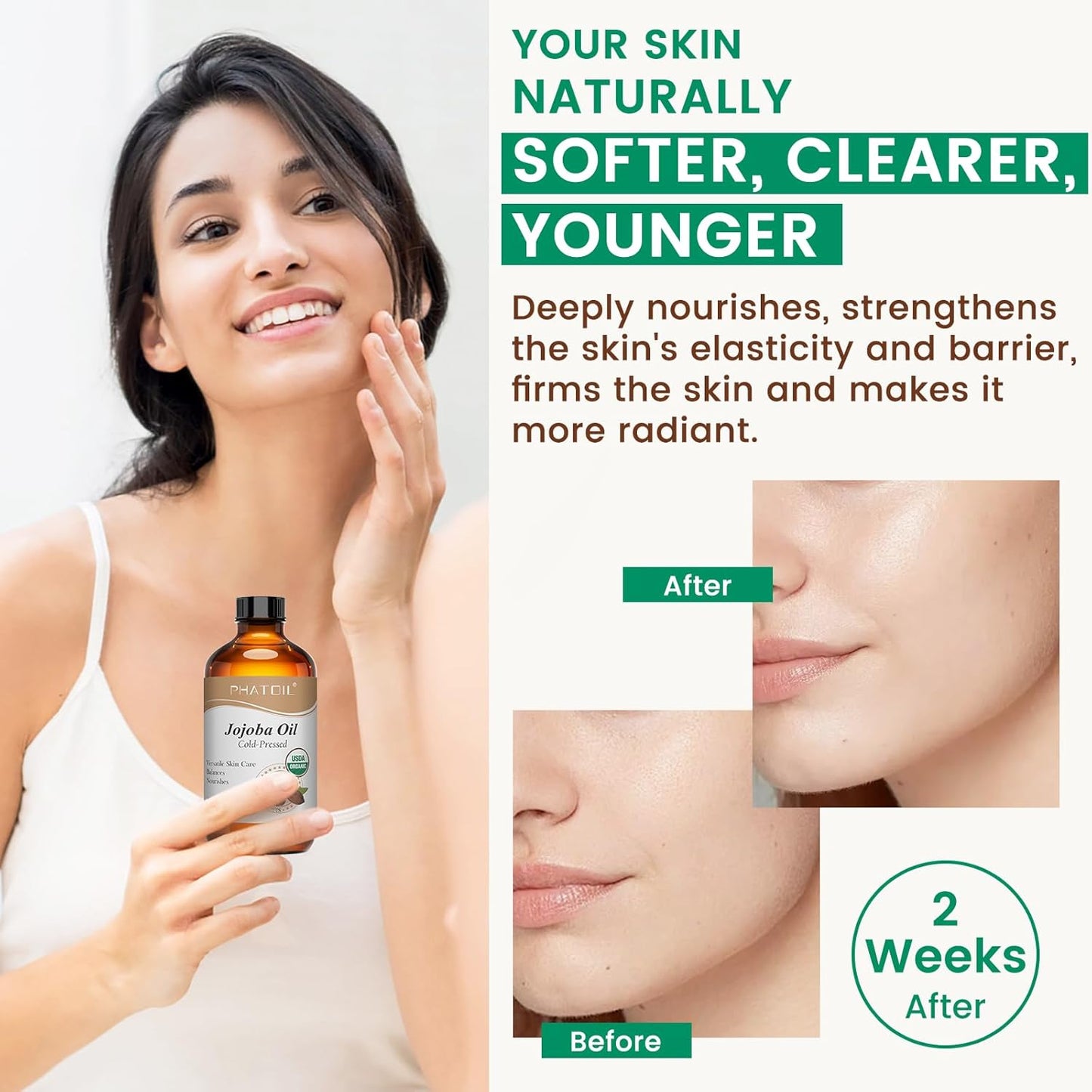 Jojoba Oil Organic Cold Pressed for Face, USDA Certified Premium Grade Jojoba Oil Deeply Moisturizing Carrier Oils for Skin, Face, Nails and Hair Growth, Massage, Essential Oils Mixing(118ML)