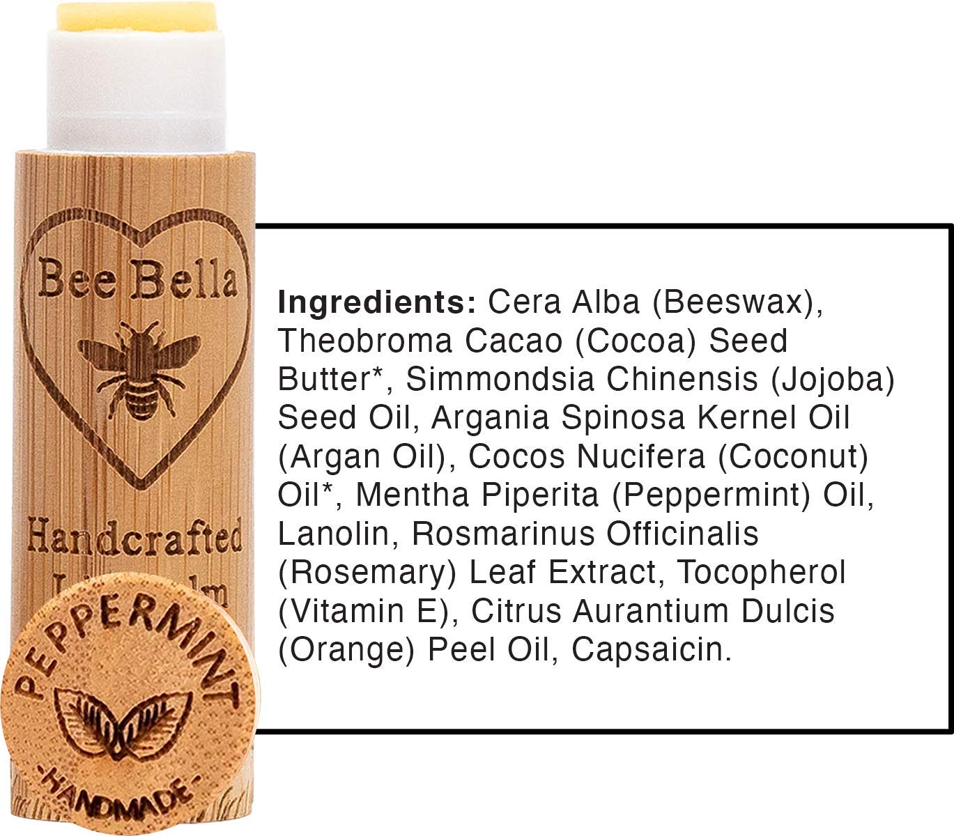 Bee Bella Lip Balm, Peppermint, 3 Pack - Hydrating Lip Care, 100% Natural, Original Organic Beeswax with Vitamin E, Handmade in USA
