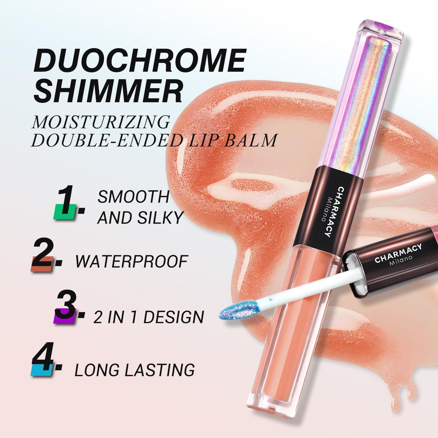 CHARMACY 2 In 1 Multichrome Moisturizing Lip Gloss, Double Head Liquid Lipstick, Mirror Waterproof Long Lasting No Fading Lip Balm, Hydrating Lip Plumper Waterlight Glossy Makeup #001
