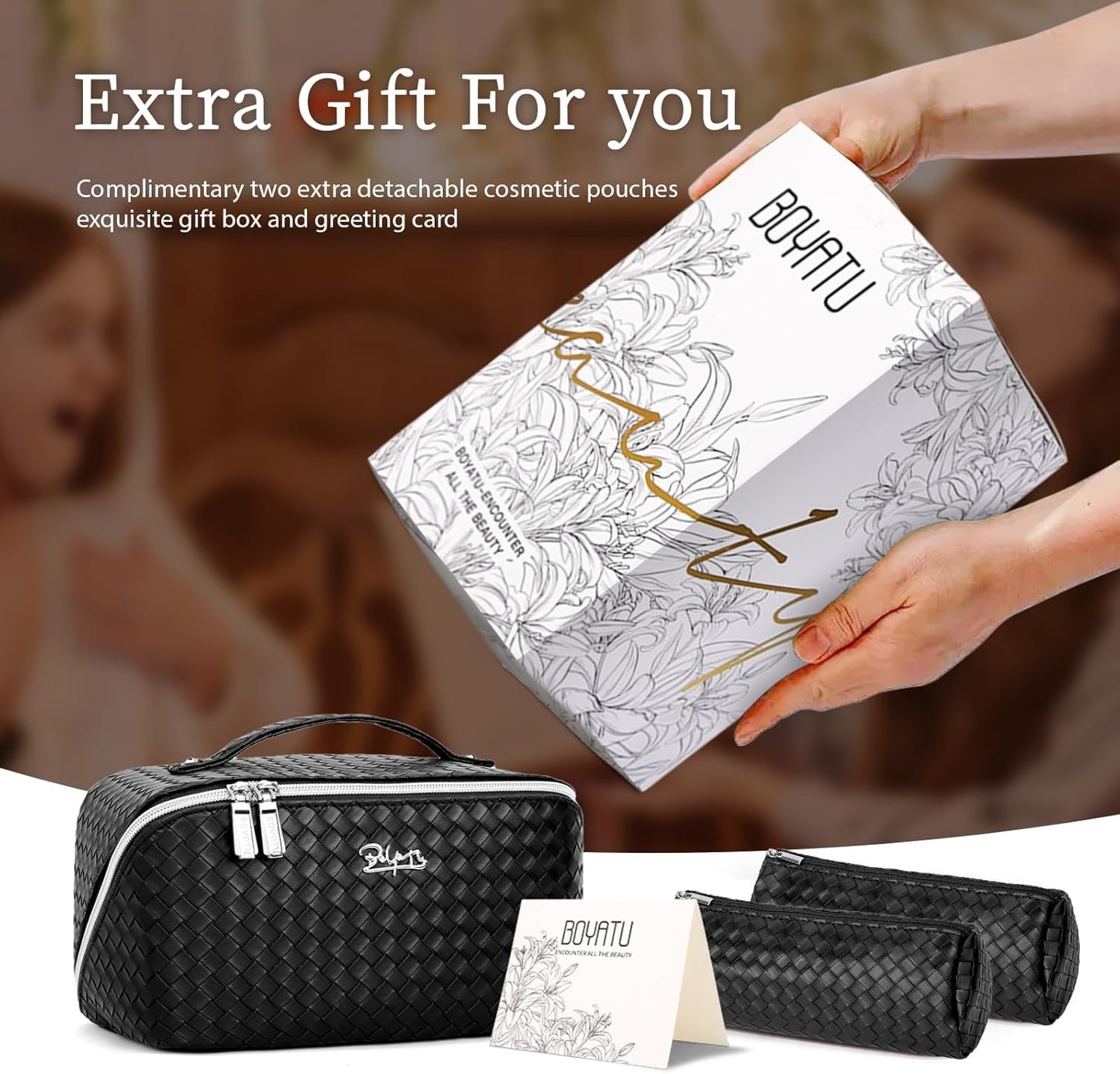 BOYATU Travel Makeup Bags for Women: Large Cosmetic Bag - PU Leather Make up Bag Set of 3 - Compact Toiletry Organizer with Compartments (L03 Black)