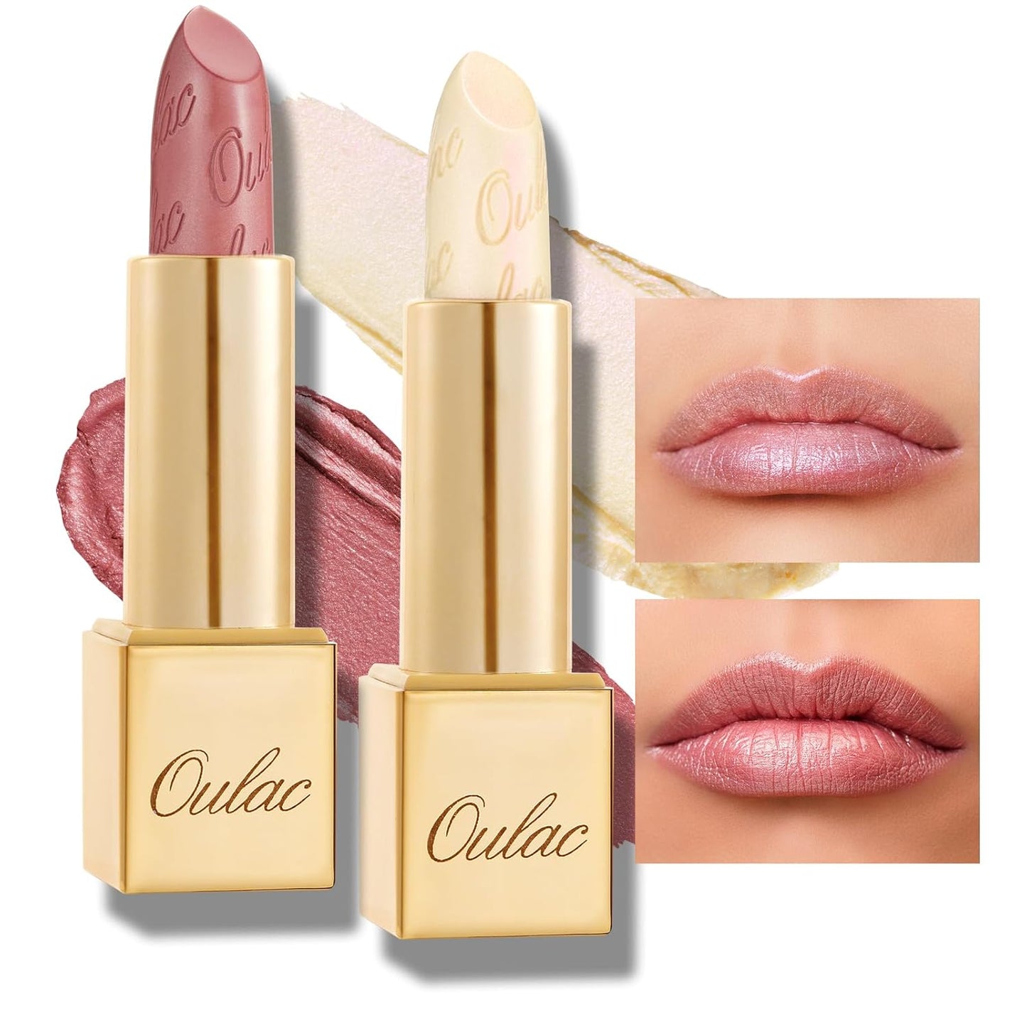 Oulac Metallic Light Pink & Sheer Lipstick Set - 2PCS Vegan Lightweight Hydrating Formula with High Impact Lip Color for Full Coverage Lip Makeup, Christmas Gifts for Women, 13+27