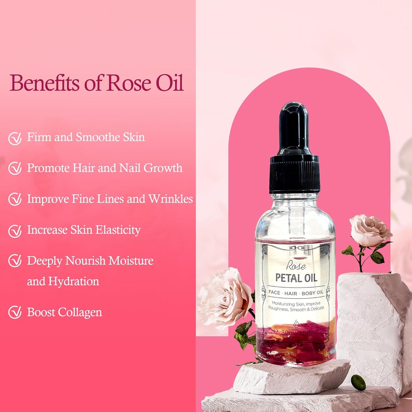 Rose Essential Oil with Flower Petal, Sunflower Seed, Olive Fruit Natural Massage Oils for Nails, Hair, Body, Face Moisturizing Skincare Oil Serum Dry Hair Strengthening Treatment All Types 30ml