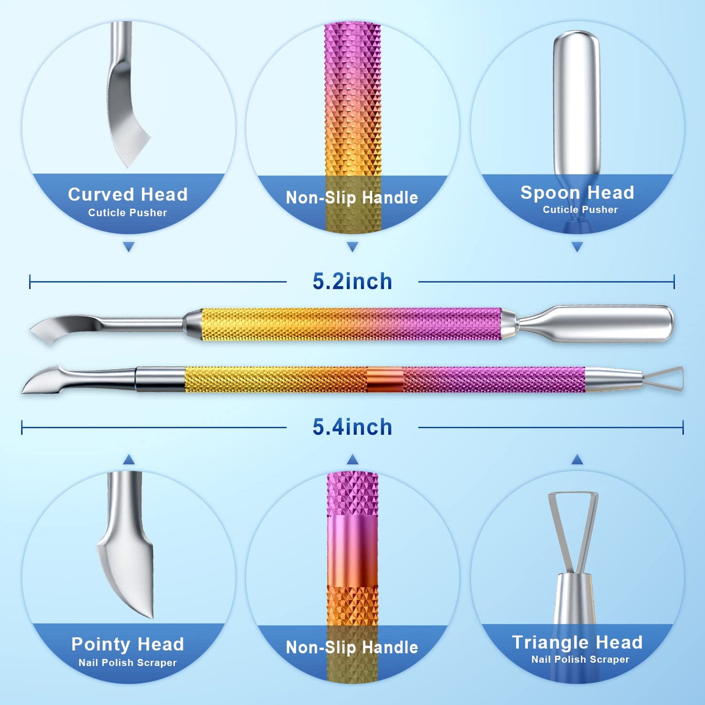 2PCS Metal Pink-Yellow Gradient Cuticle Pusher and Cutter Remover Salon Quality Stainless Steel Gel Nail Polish Peeler Scraper Durable Manicure and Pedicure Cleaner Tool For Fingernail and Toenail