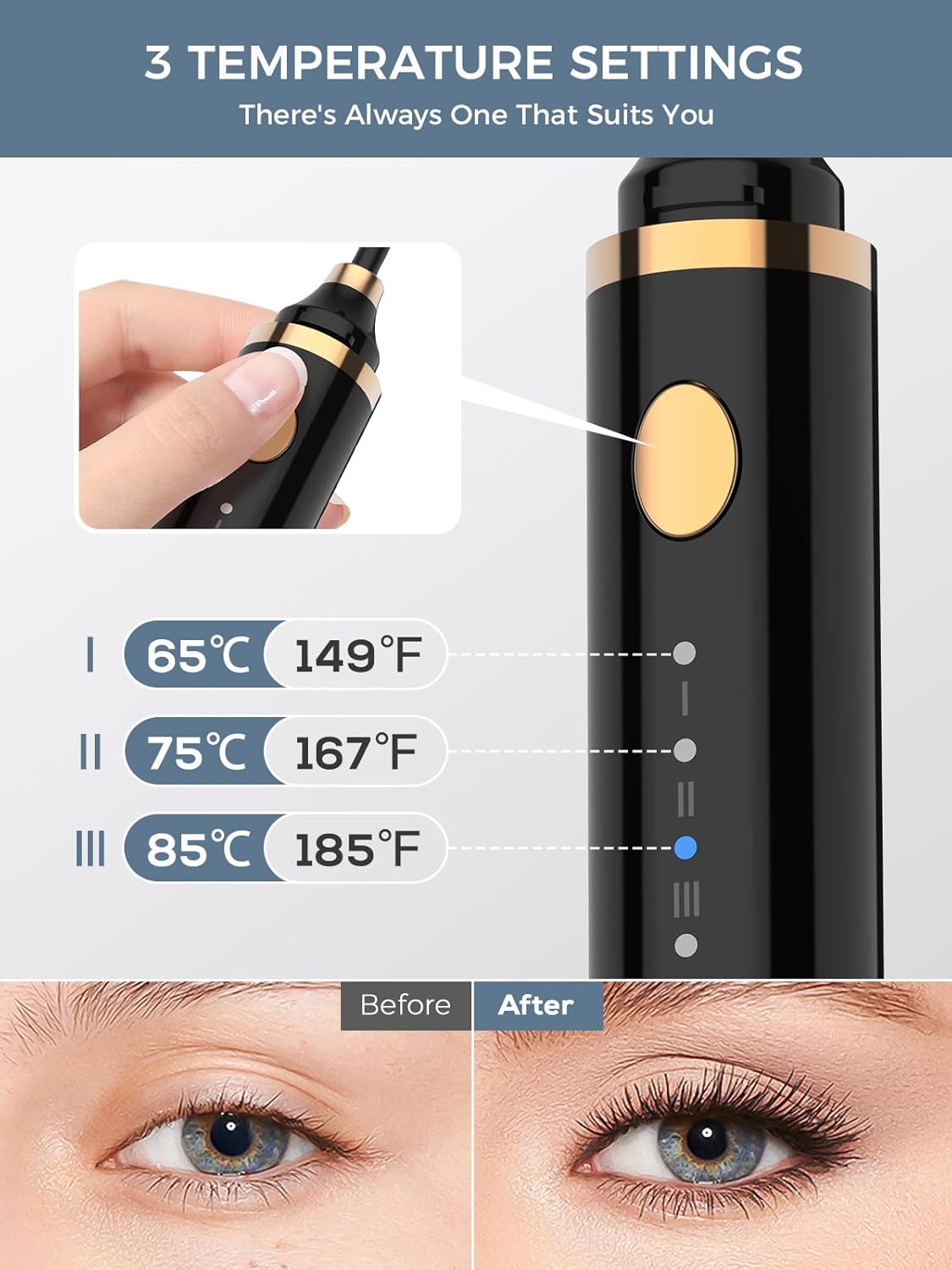 Smiling Shark Heated Eyelash Curler, 2025 New 360°Wand-Style Heated Lash Brush Rechargeable with 3 Brush Heads & 3 Temp 【Lengthen/Define/Curler】 3-in-1 Lash Curler for All Types of Lashes, Black