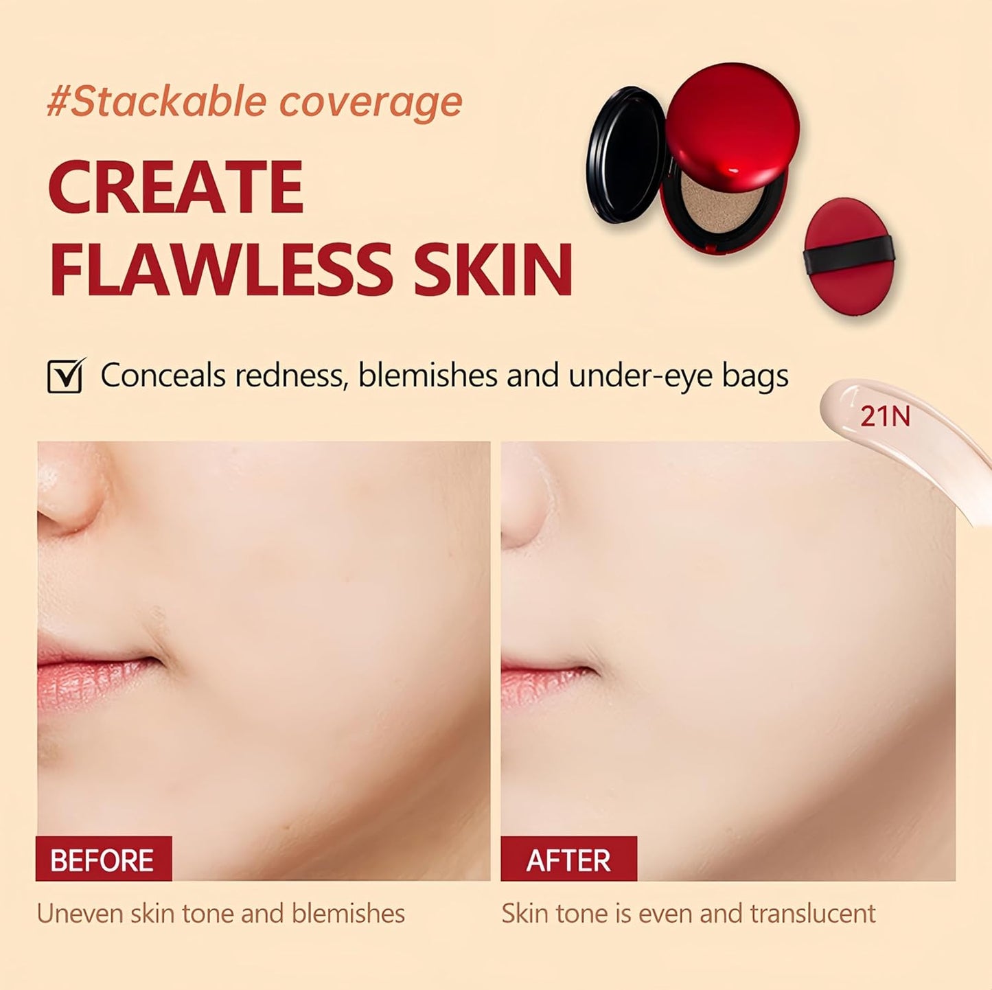 MAEPEOR Cushion Foundation 9 Colors Full Coverage Weightless Satin Glow Foundation Hydrating Long-Lasting Cushion BB Cream (Color 03)