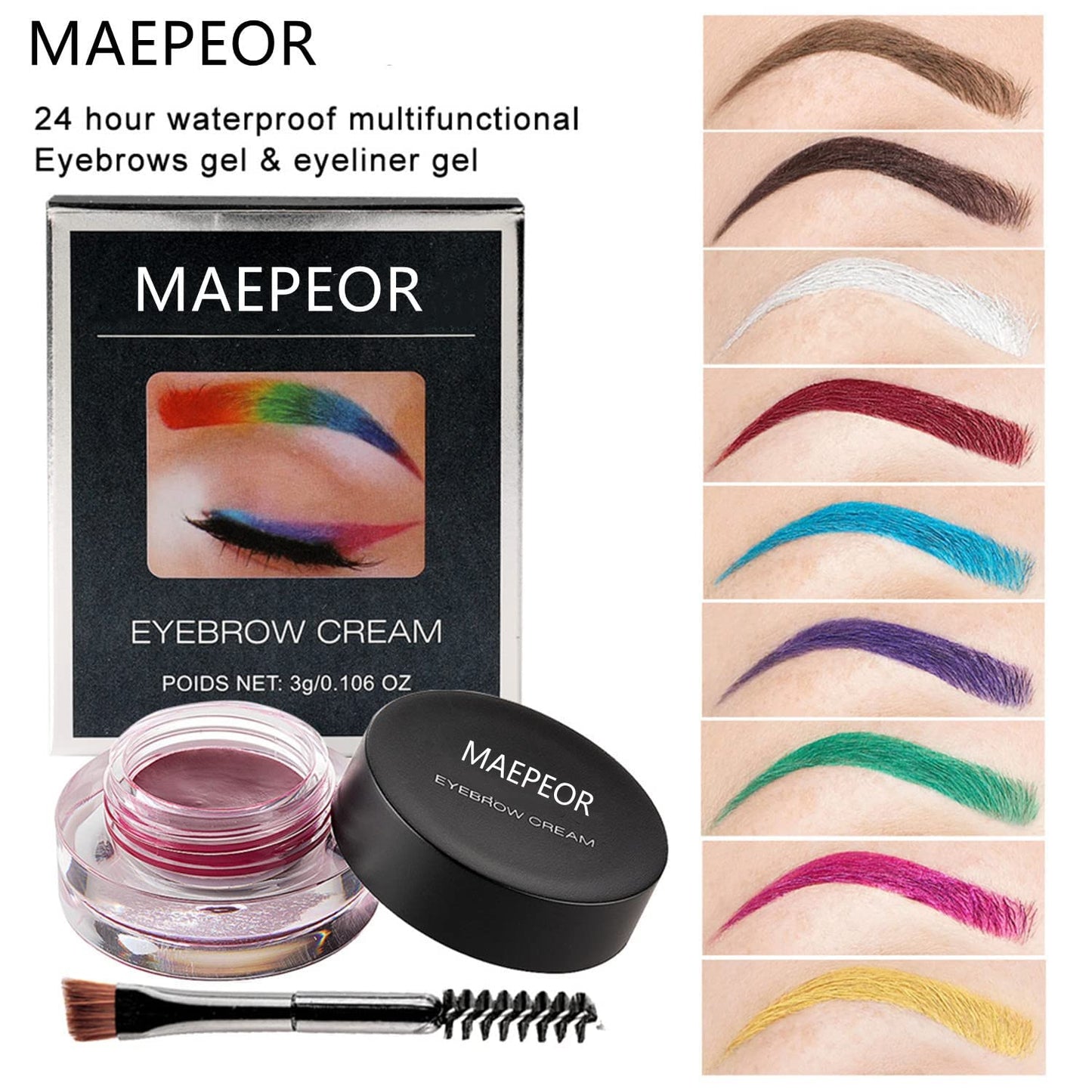 MAEPEOR 12 Colors Eyebrow Pomade Full-pigmented Long Lasting Waterproof Eyebrow Cream Gel Filling & Shaping Tinted Eyebrows Enhancers with Brush for Daily or Cosplay (03 Walnut)