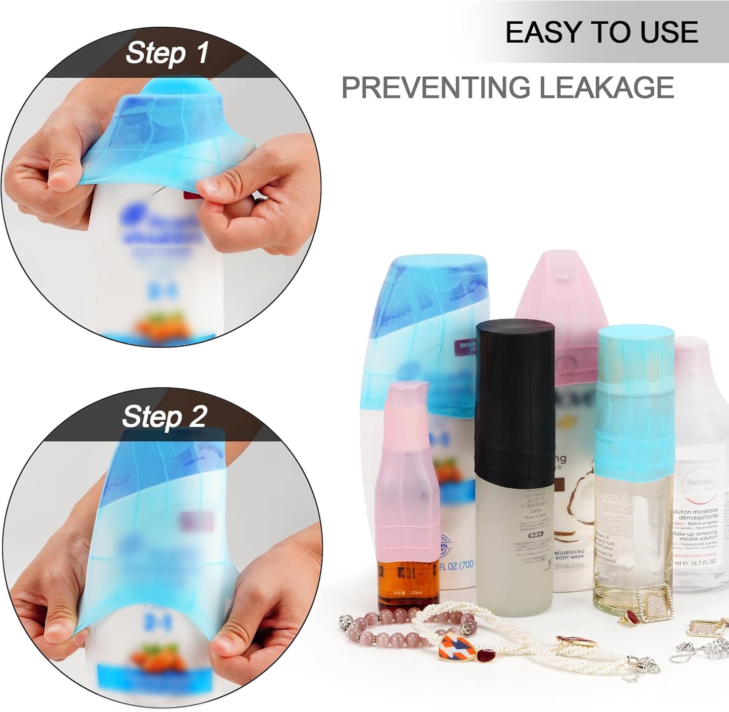 Travel Hanging Toiletry Bag for Women, Large Makeup Bag 8 Leak Proofing Silicone Bottle Covers, Waterproof Cosmetic Bag with Jewelry Organizer Compartment, Toiletries Kit Set, Black