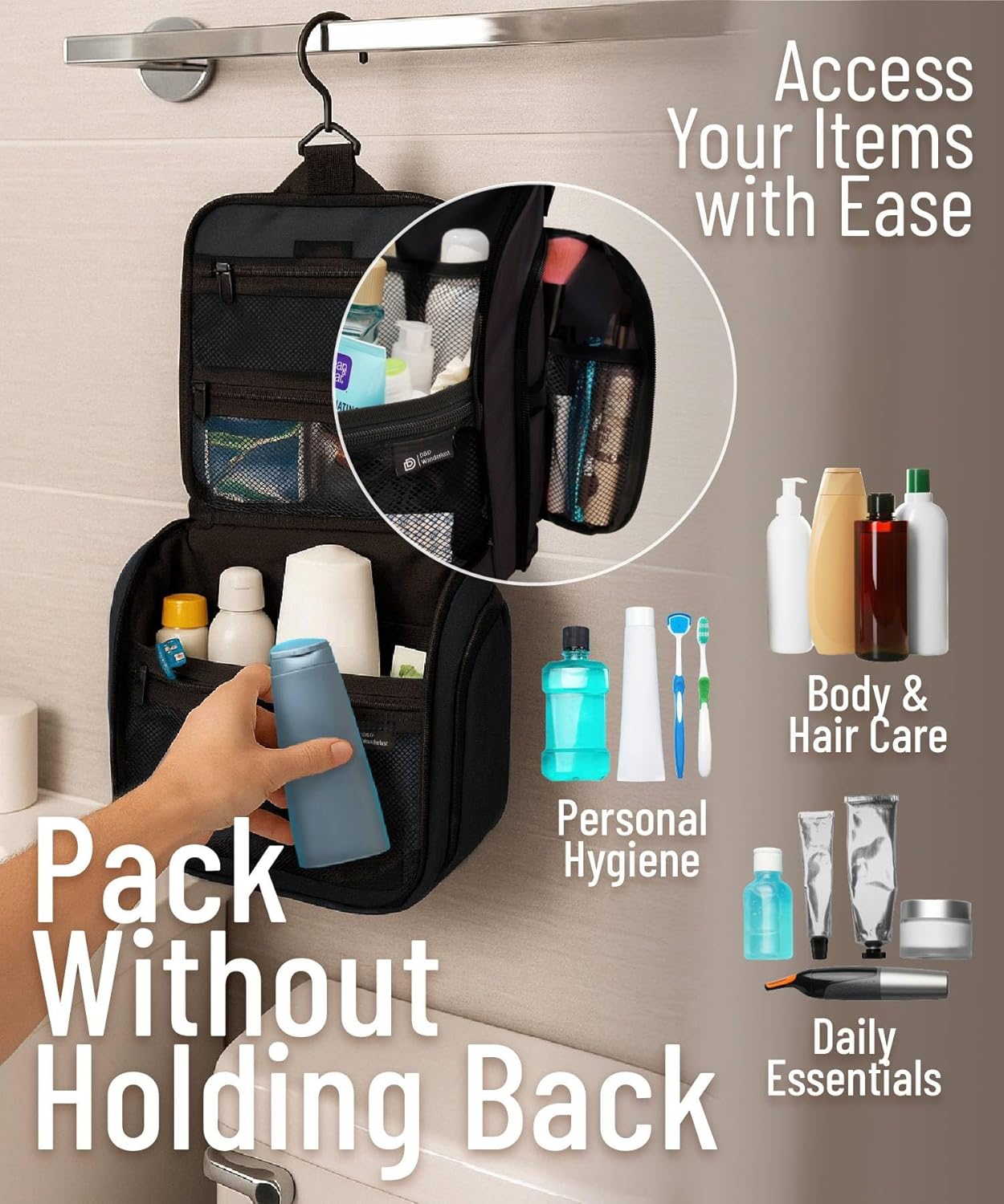 D&D Hanging Travel Toiletry Bag for Men and Women – Large Cosmetics, Makeup and Toiletries Organizer Kit with 10 Compartments, YKK Zippers, XXL Metal Swivel Hook, Water-Resistant Nylon