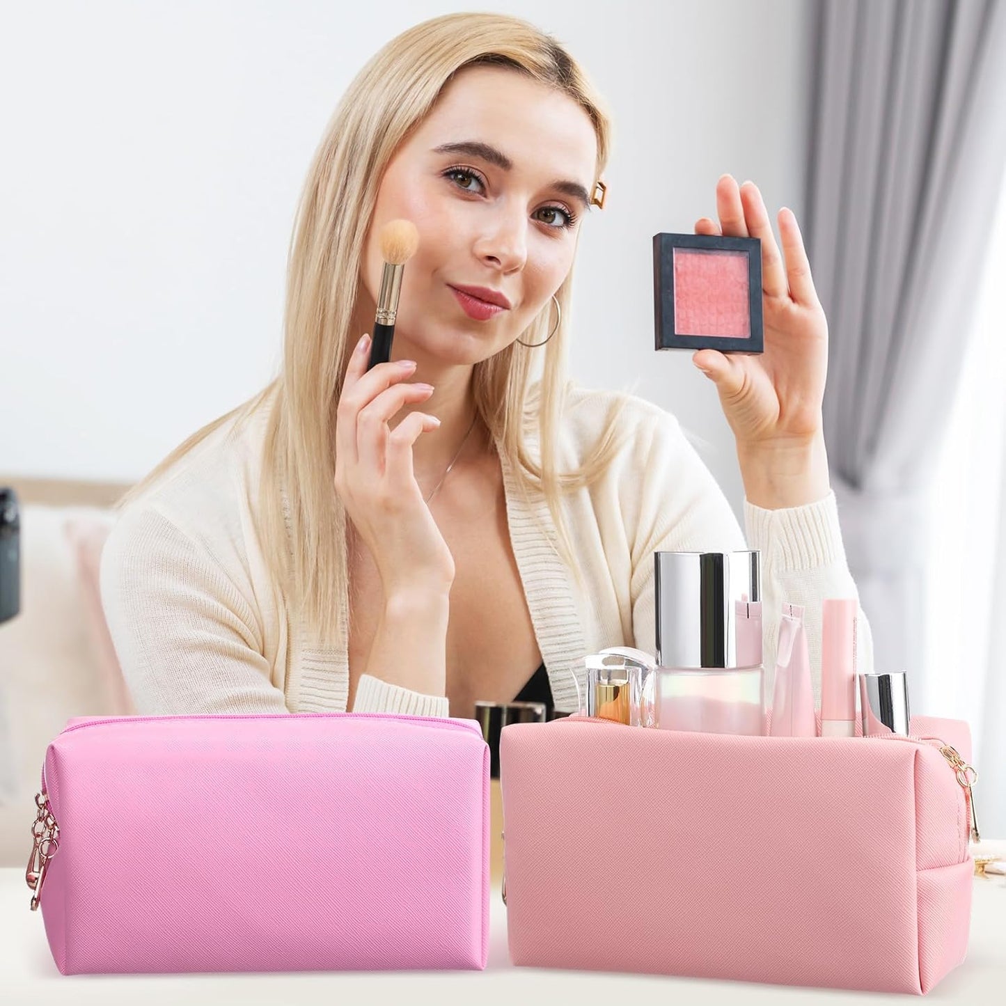 Kigeli 15 Pcs Aesthetic Makeup Bags PU Leather Cosmetic Pouches Waterproof Plain Toiletry Bags Makeup Pouches Bulk for Women Party Gift Travel Storage Organizer(Pink Purple)