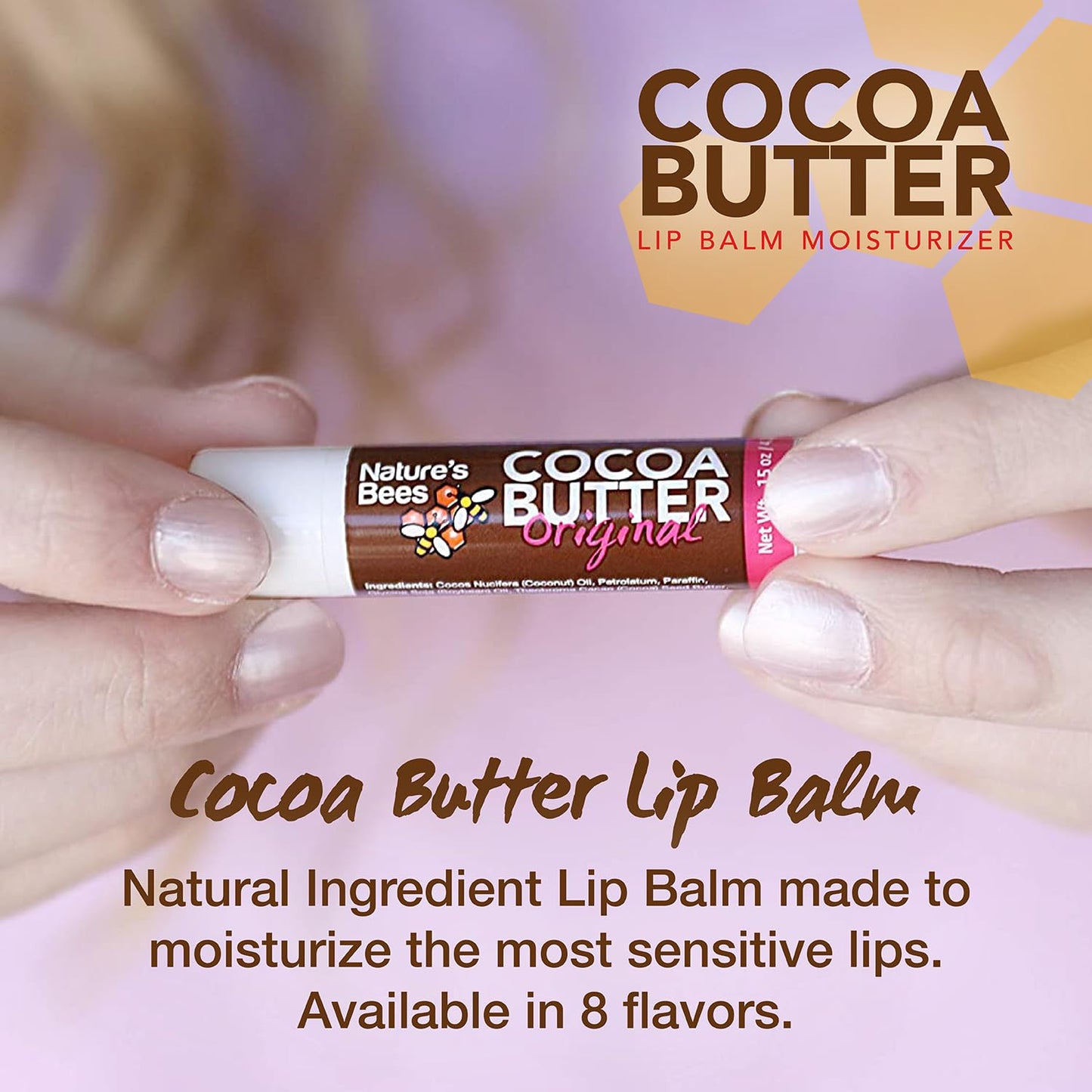 Nature's Bees Cocoa Butter Lip Balm, Lip Care for Dry Lips, Made with Coconut Oil, Beeswax, Vitamin E, Aloe, and Shea Butter, 0.15 oz Each, 4 Flavors, Citrus, Coconut, Cherry, and Mint, 24 Pack