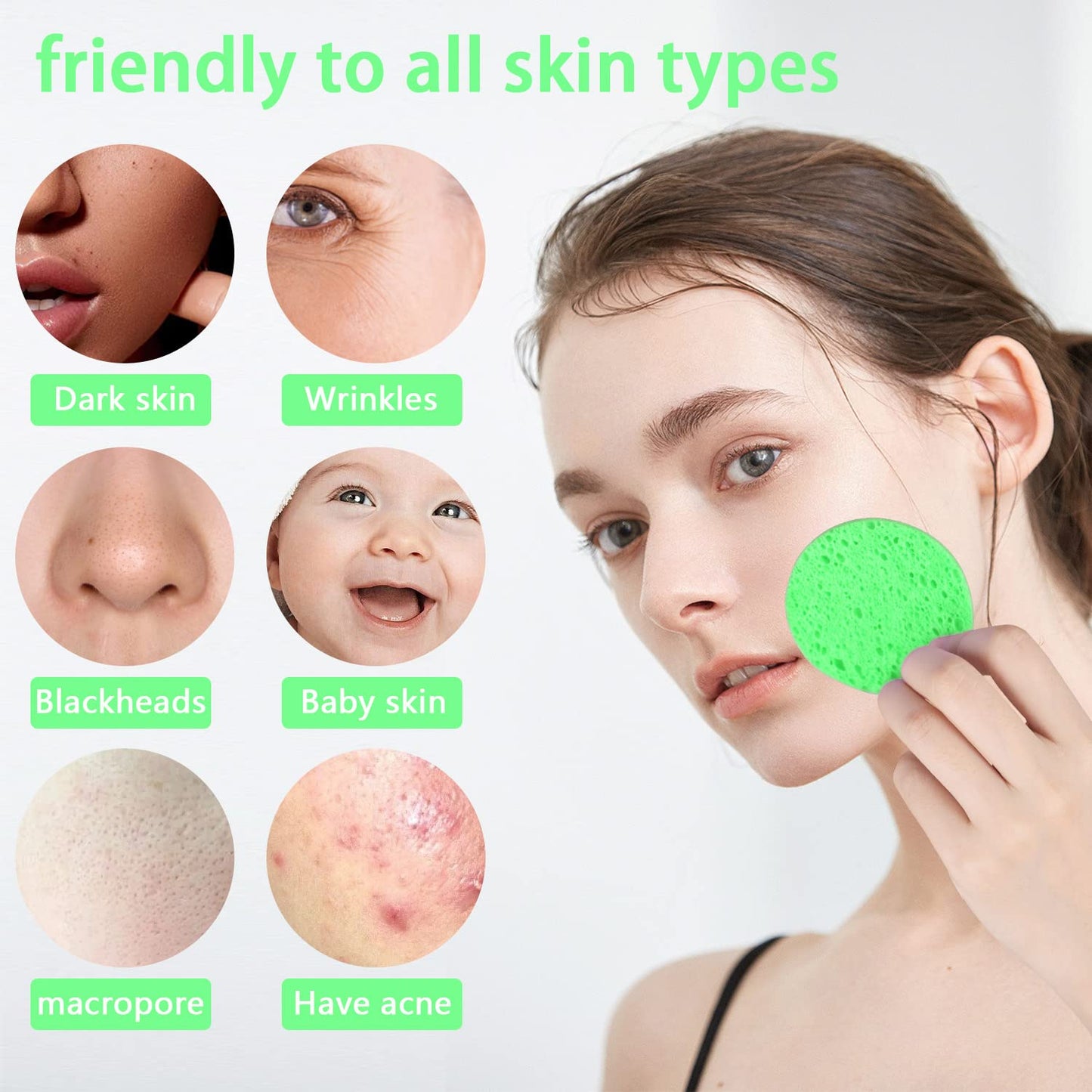 50-Count Facial Sponges Compressed Natural Cellulose Sponge Round Shape Face Sponge for Face Cleansing Exfoliating and Makeup Removal, Green