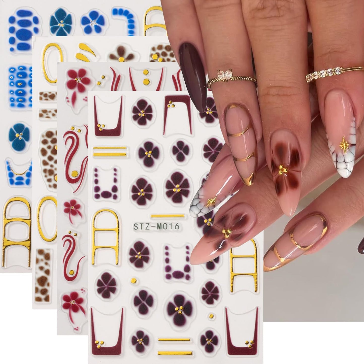 4Pcs Flower Nail Stickers for Nail Art - French Nail Art Stickers Autumn Winter Wine Red Brown Blue Floral Leopard Print Pattern 3D Self-Adhesive Nails Sliders Flowers Sticker for Nails Decoration